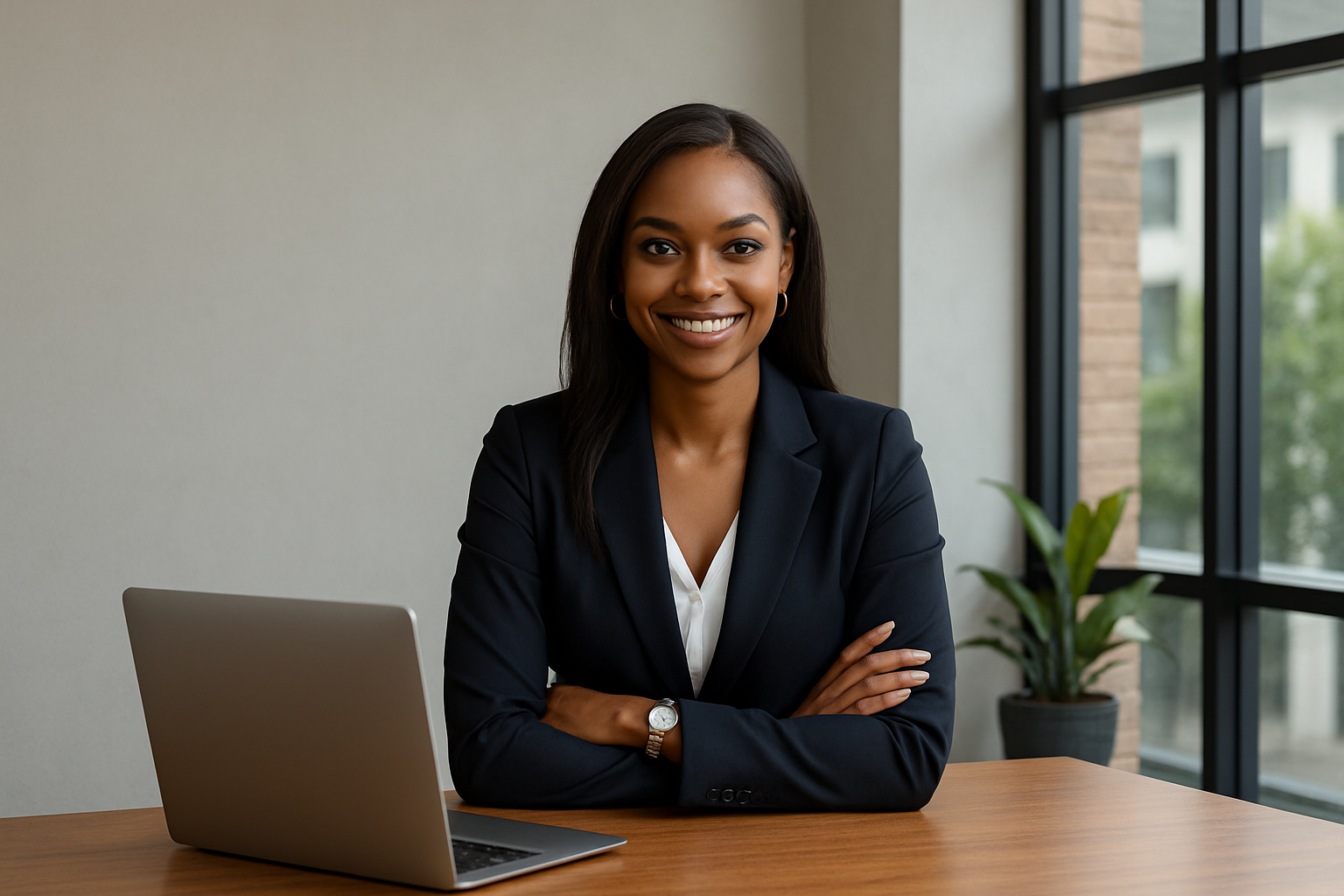 Middle aged African American woman in a black suite, white blouse and a watch sitting at a desk with a silver laptop and a green plant behind her.