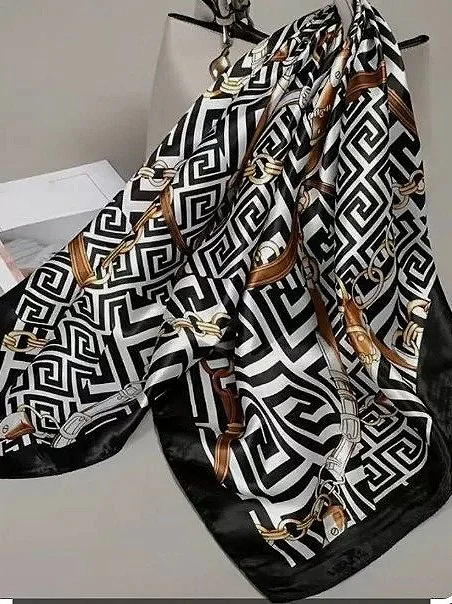 Black and White Scarf w/ Gold Chain Print