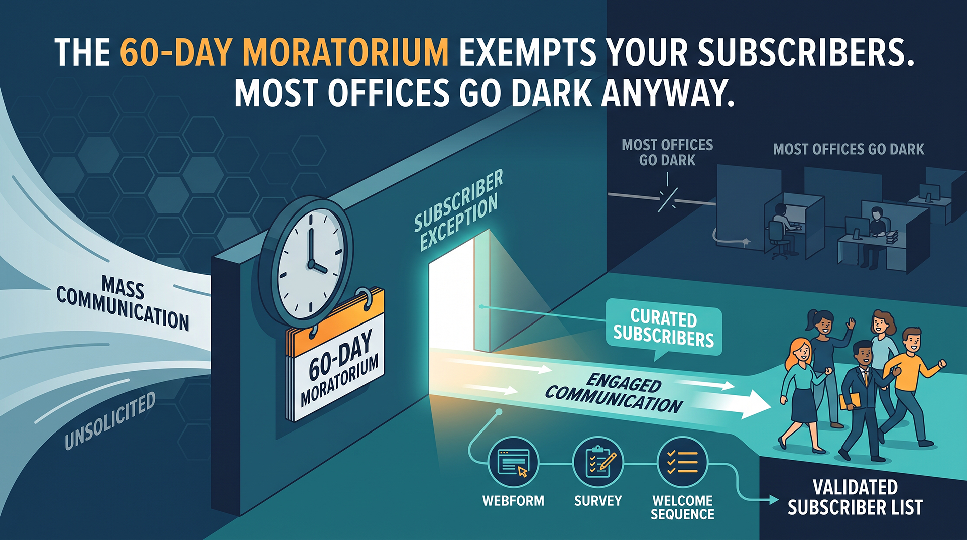The 60-Day Moratorium Exempts Your Subscribers. Most Offices Go Dark Anyway.