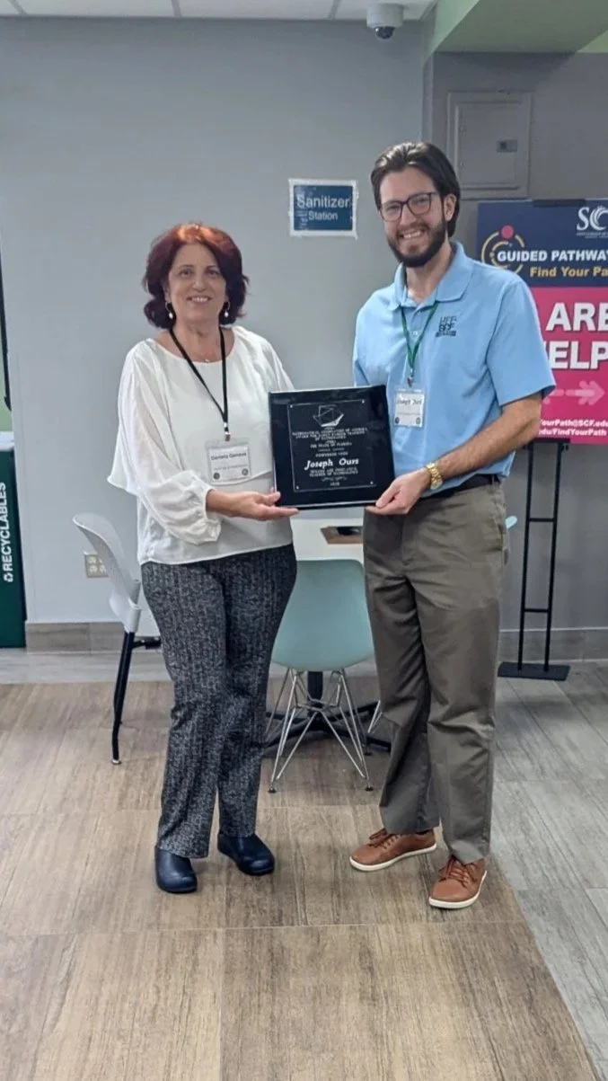 2026 FL-MAA Early Career Teaching Award goes to Joseph Ours from the State College of Florida presented by Daniela Genova chair of Awards Committee