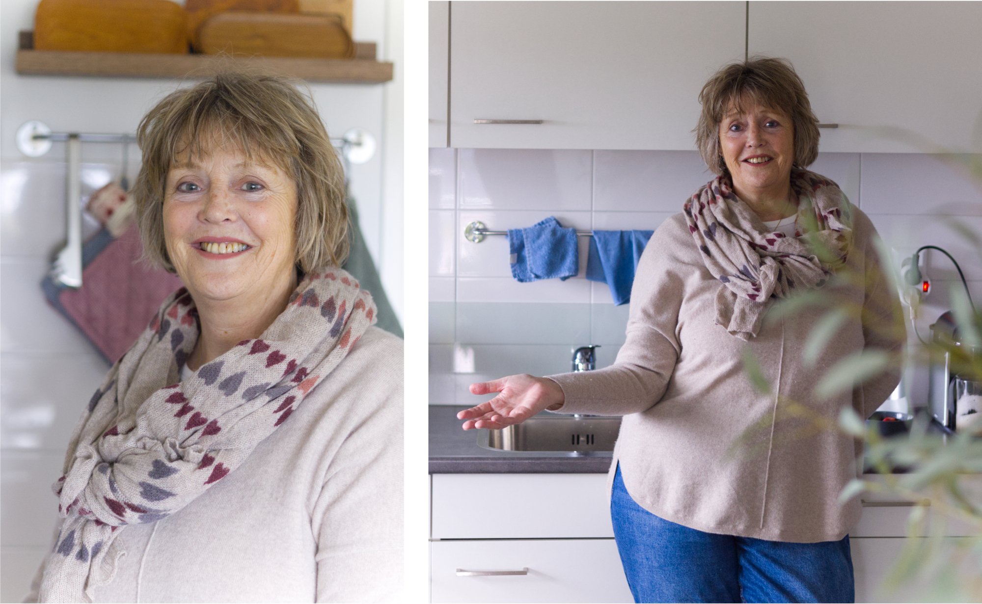 Twee foto's van een vrouw in een keuken. In de linkerkant staat een close-up van haar gezicht, lachend. In de rechterkant staat ze met een open handgebaar, in de kijkershoek, in een keuken met witte kasten en een vaatdoek.