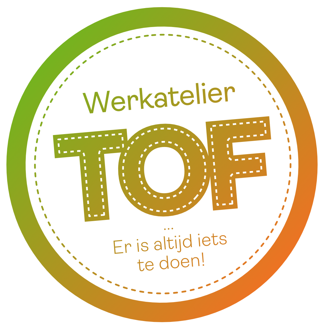 Logo van een werkatelier met de tekst 'Werkatelier TOF' en de ondertitel 'Er is altijd iets te doen!', met een kleurrijke achtergrond van groen en oranje.
