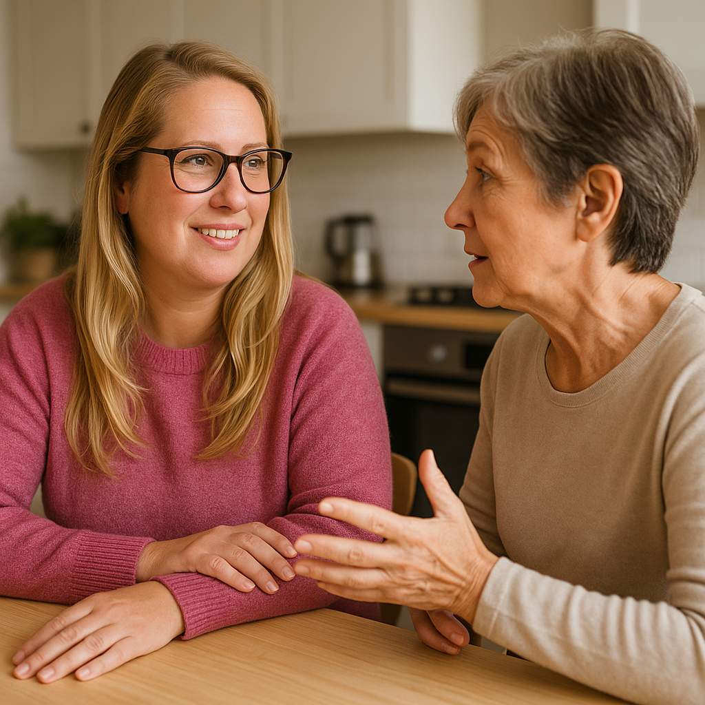 Een jonge vrouw met bril luistert aandachtig naar een oudere vrouw die haar iets uitlegt, terwijl ze aan een eettafel in een keuken zitten.
