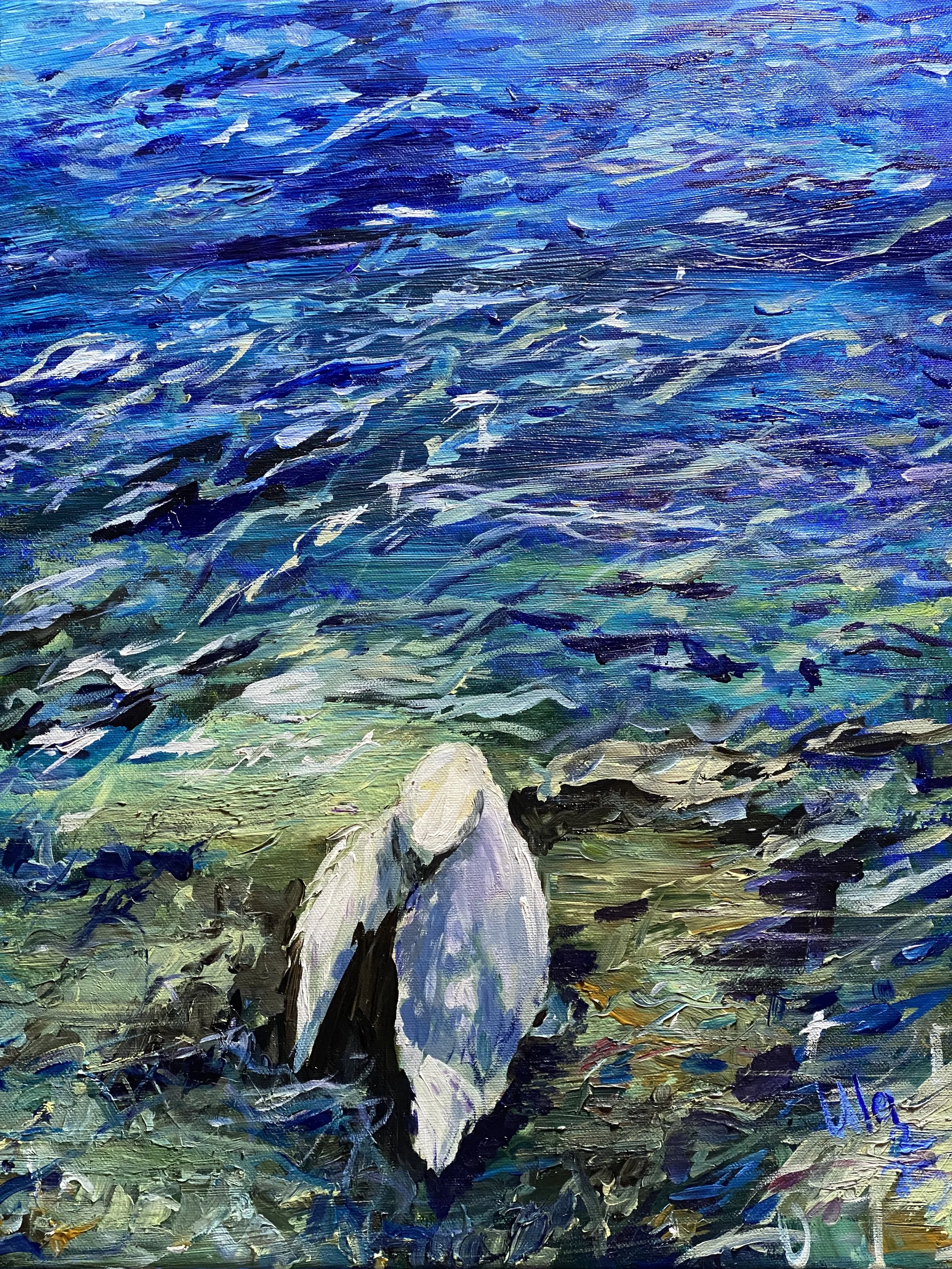 Gemälde eines auf einem Stein im Wasser stehenden  großen Vogel, ein sich putzender Schwan, in blauer, grüner und weißer Farbpalette, mit kräftigen Pinselstrichen.