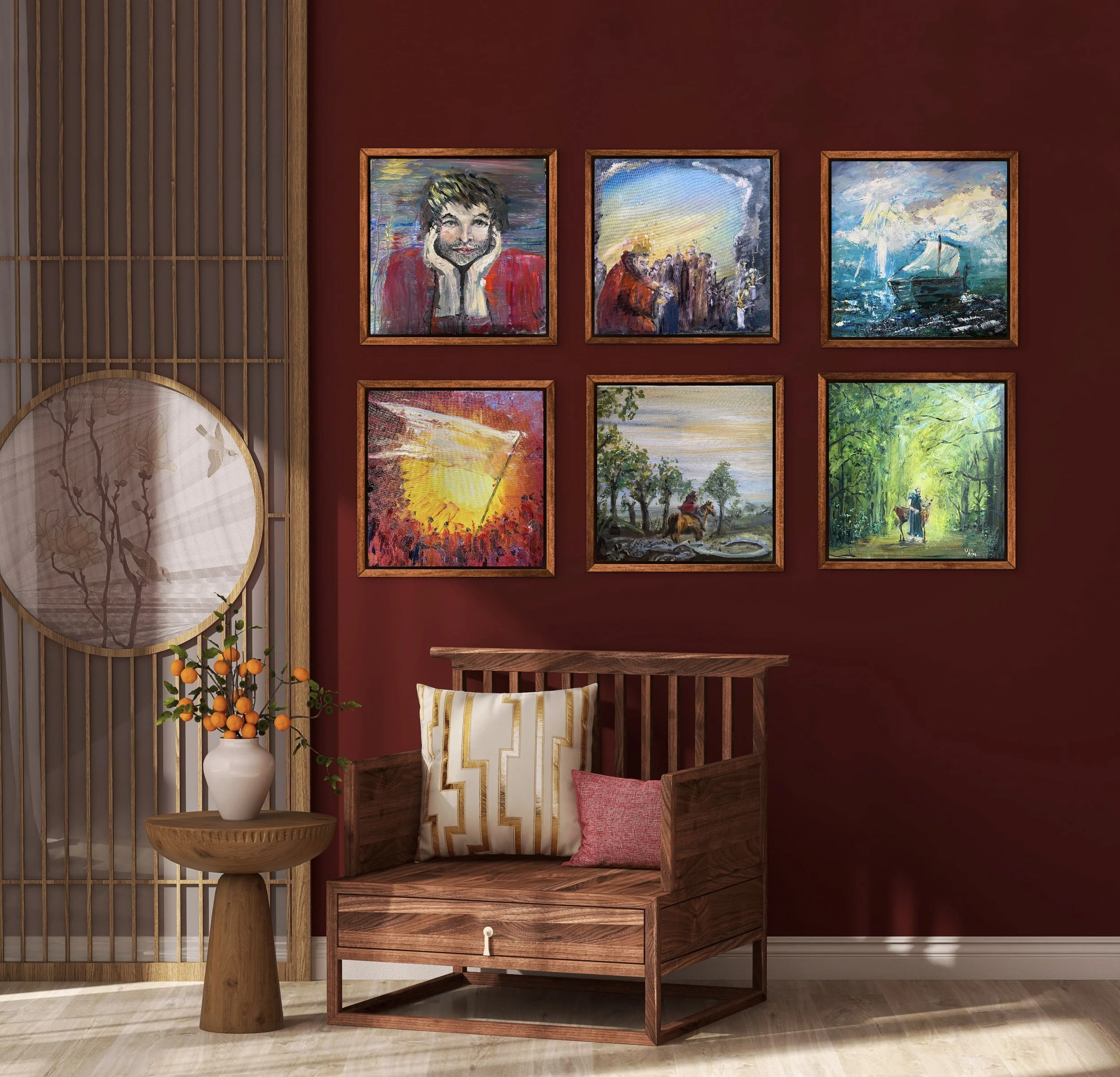 Ein Wohnzimmer mit roten Wänden, auf denen sechs bunte Gemälde hängen. Es gibt einen Holzstuhl mit zwei Kissen und einen kleinen Tisch mit einer Vase voller Orangen.