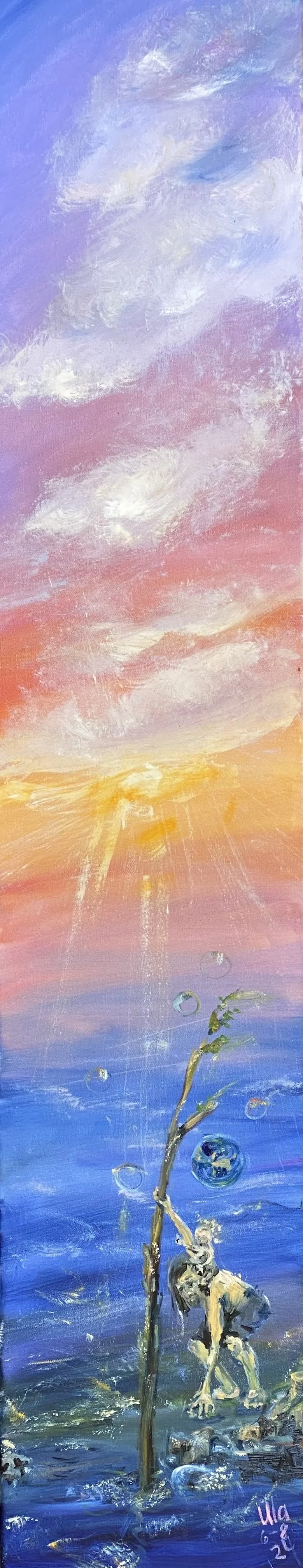 Abstraktes Gemälde eines Bohrs mit Lichtstrahlen, Wolken und Bubbles, darunter ein Mädchen im Wasser, das an einer Wasserpflanze hängt.