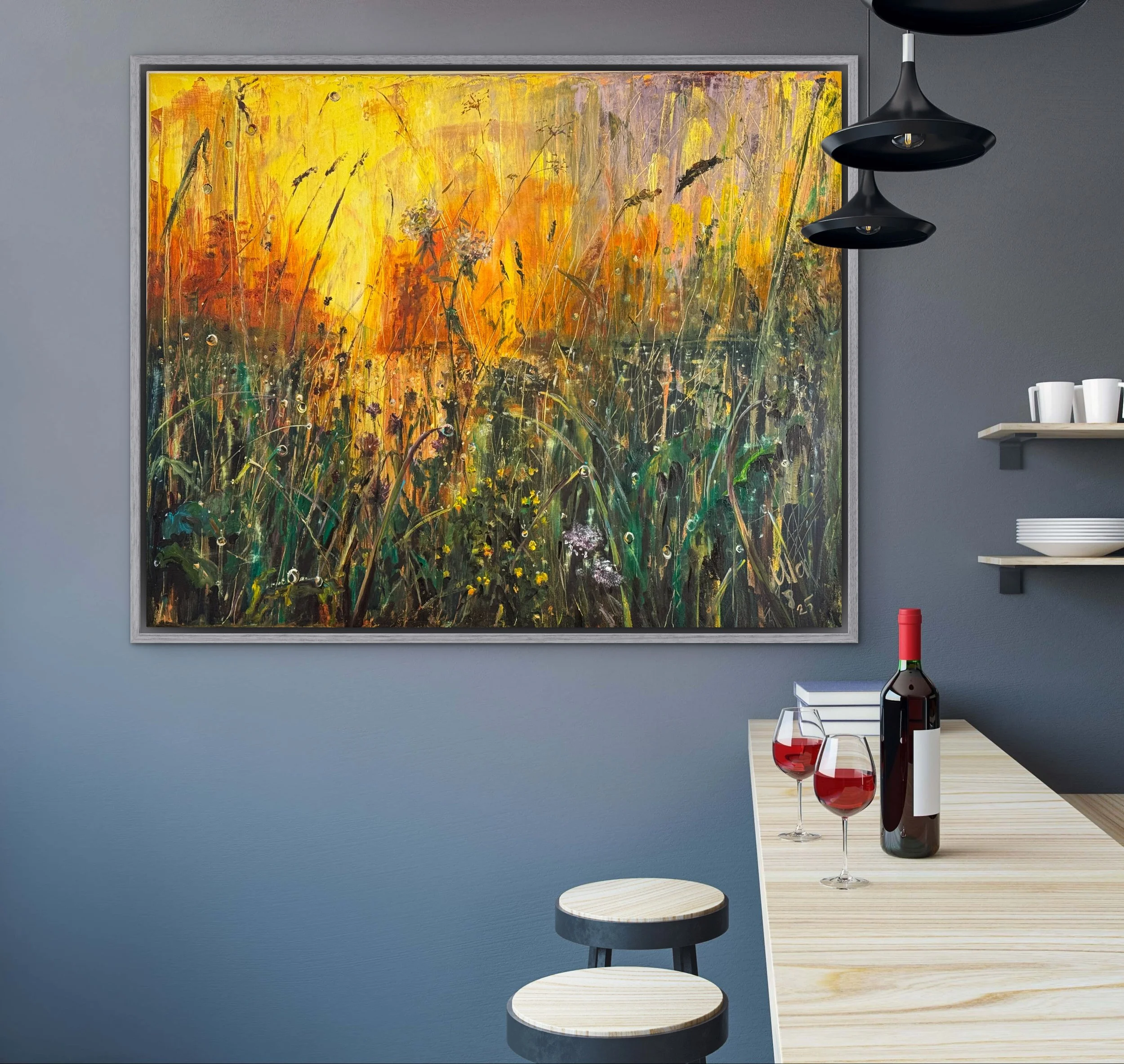 Lichtdurchflutete Wiese in Gold, Grün und orange. Ölgemälde