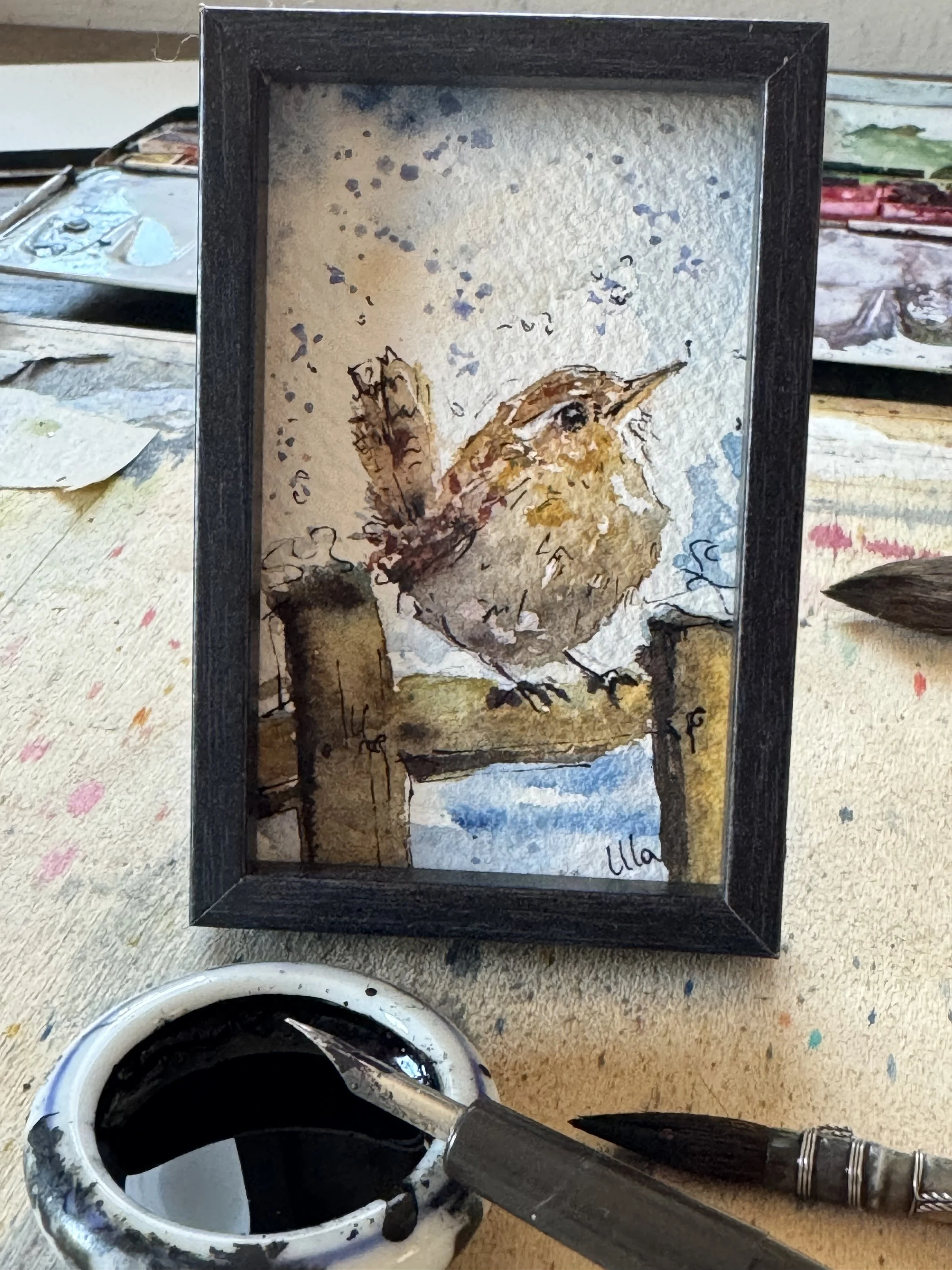 Aquarell, Zeichenfeder und Pinsel