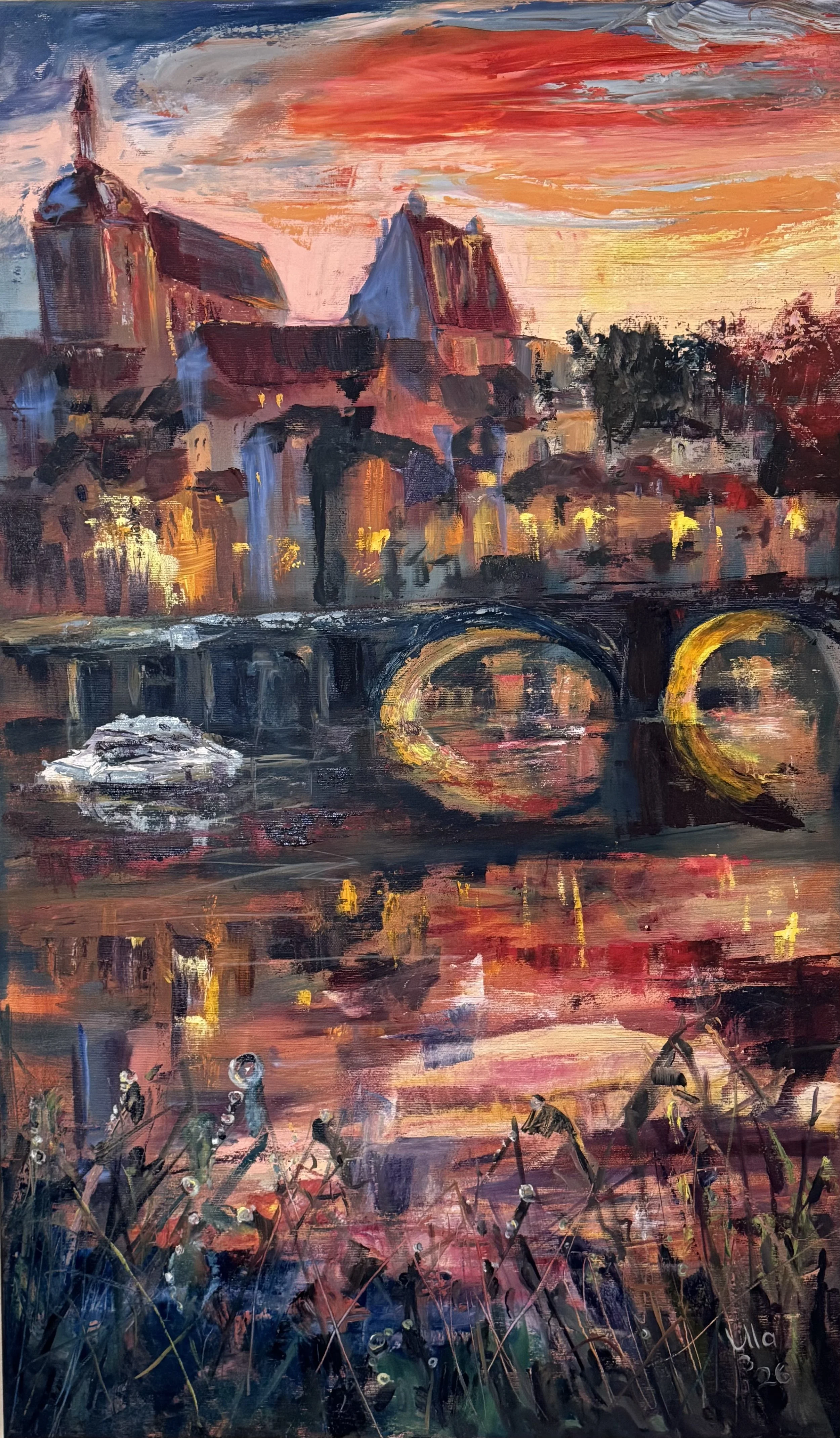 Joigny, Bourgogne, Ölbild, Morgenstimmung an der Yonne, Pont Saint-Nicolas