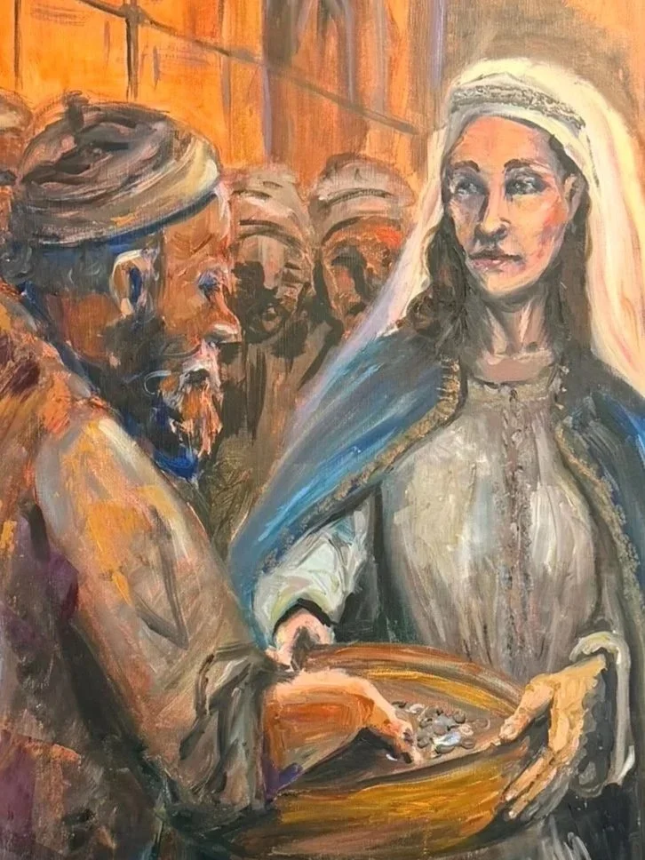 ein Bauarbeiter nimmt sich Münzen aus der Schale, die ihm Kaiserin Kunigunde darreicht. Detail aus dem Bild "Pfennigwunder" von Ulrike Polifke