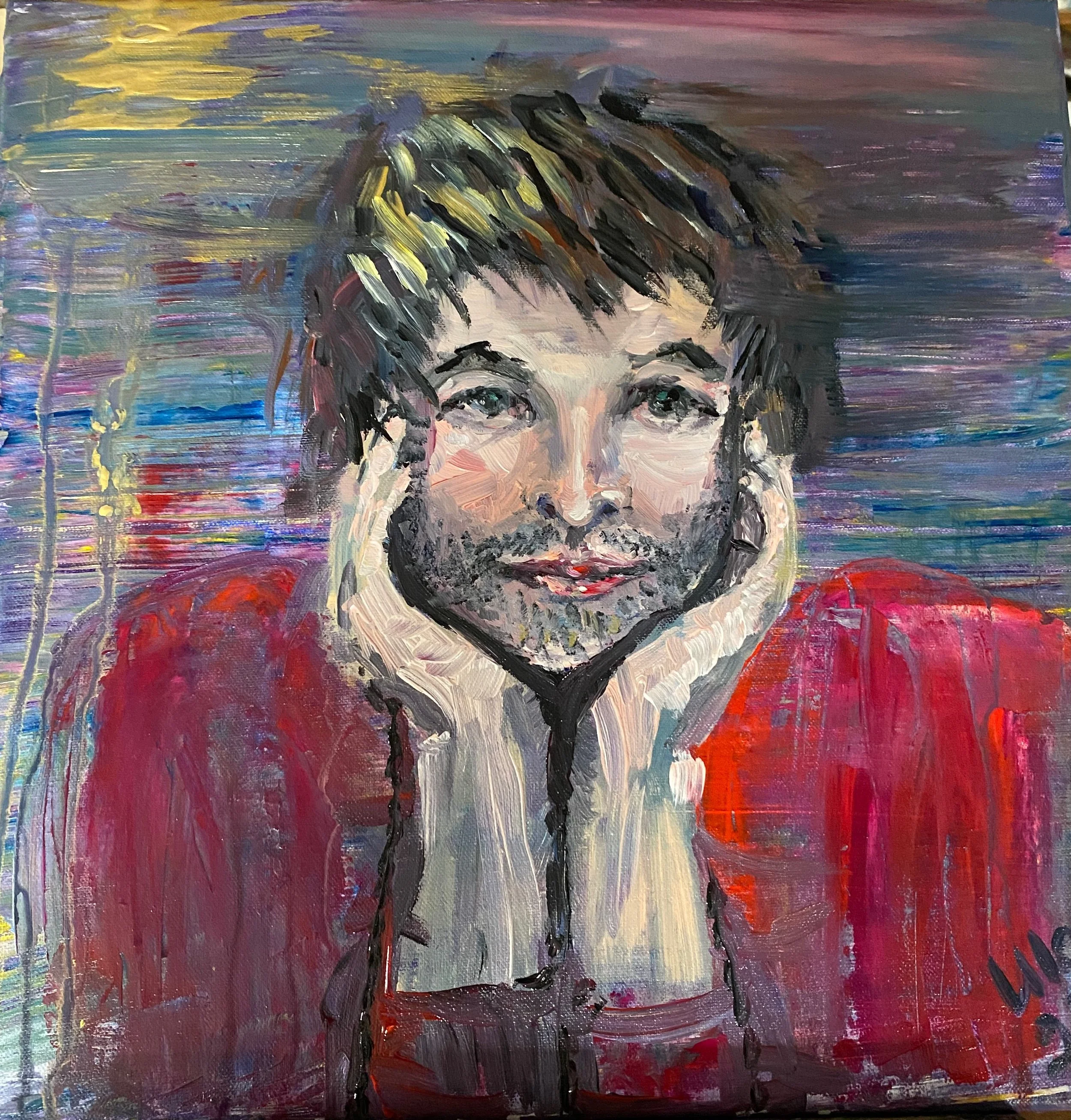 Porträt eines Mannes mit braunem, leicht gewelltem Haar, lächelnd, in rotem Hemd, im Stil eines impressionistischen Gemäldes.