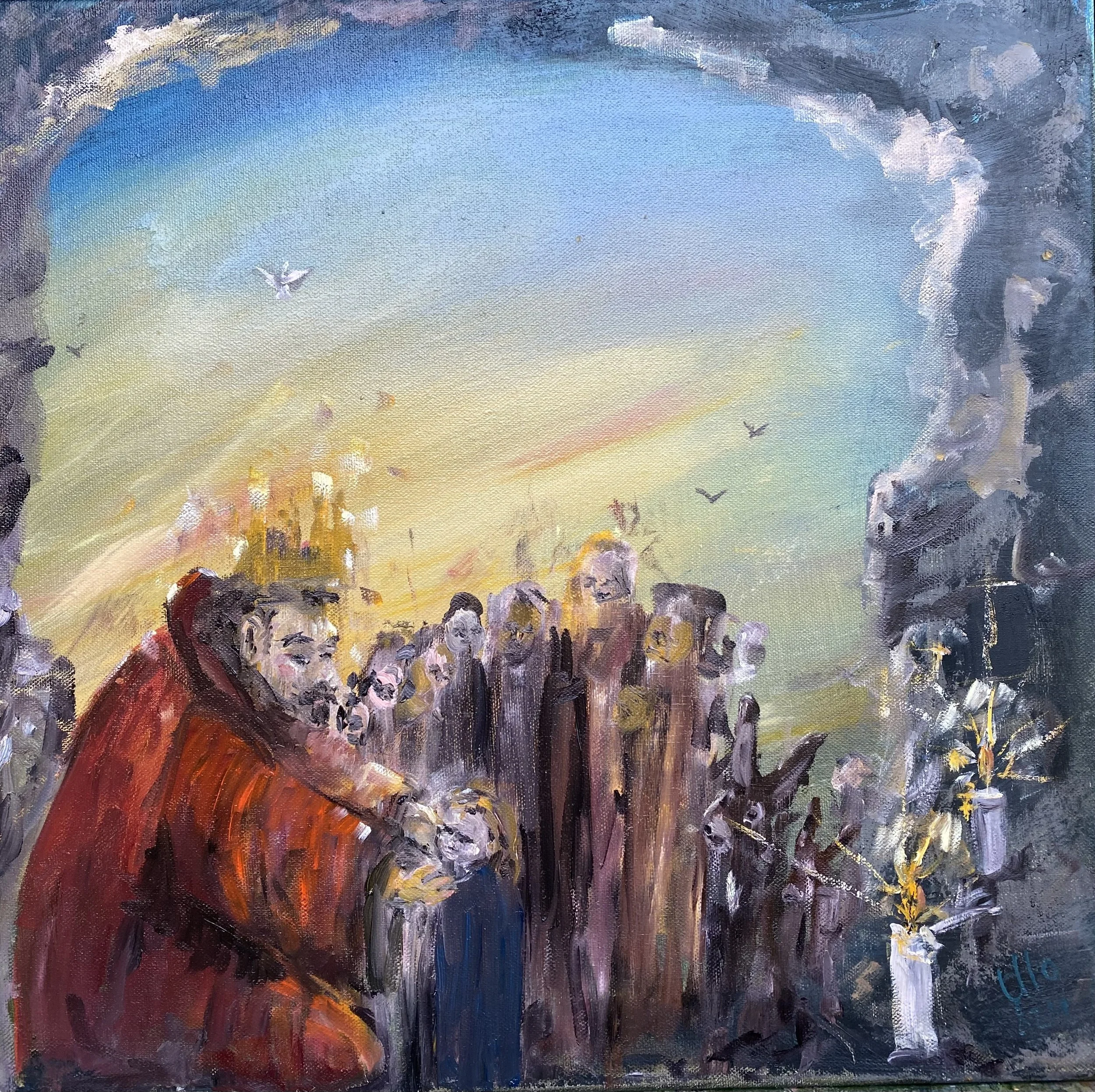 Ein Gemälde eines Mannes mit rotem Mantel, der einen kleinen Jungen auf einem Friedhof tröstet. Im Hintergrund sind andere Menschen, ein Himmel mit Sonnenaufgang oder Sonnenuntergang, und ein kirchliches Gebäude. Es gibt auch Grabsteine und Blumen.