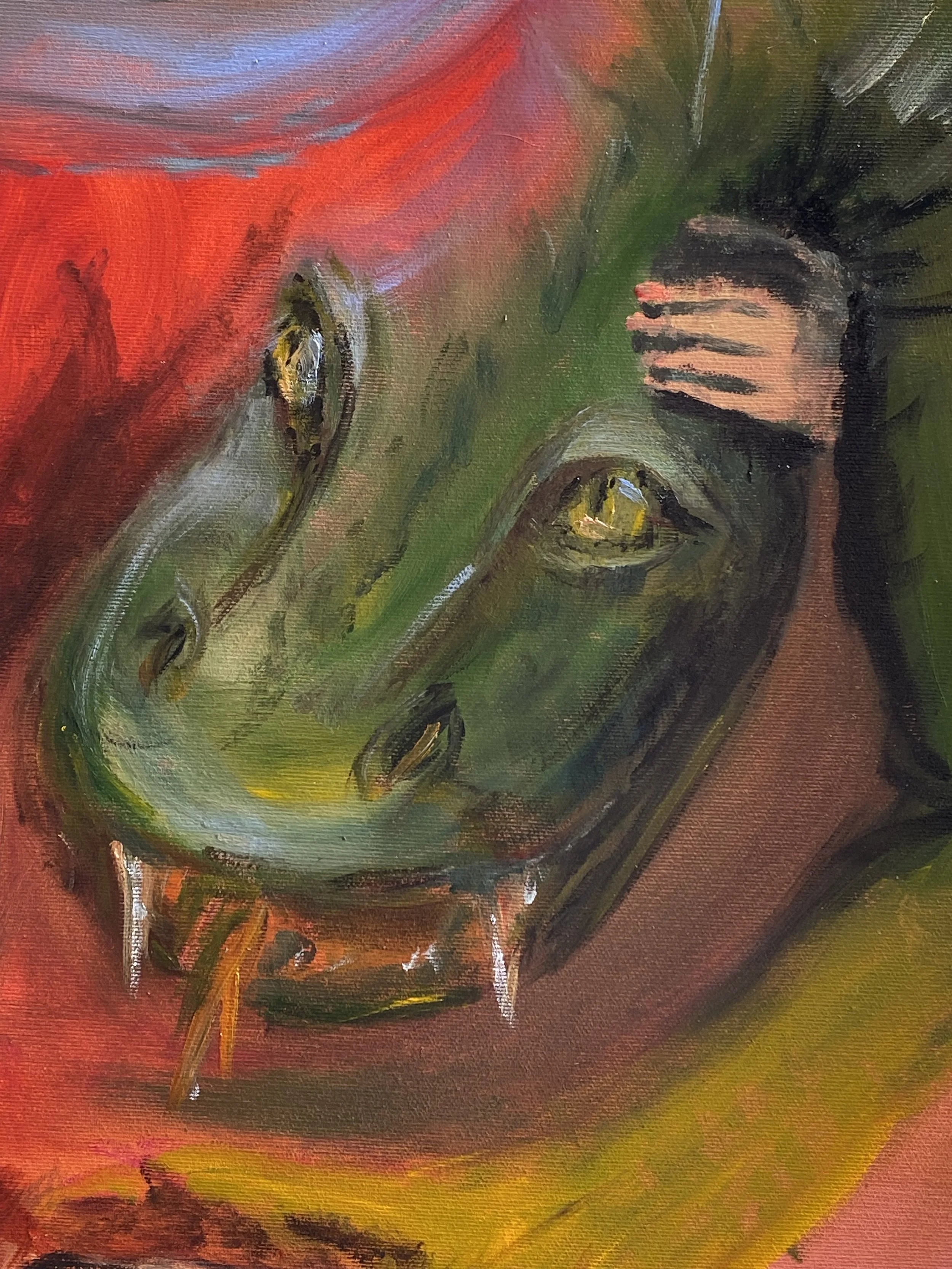 Grüner Drachenkopf und Frauenhand, rot grün Kontrast. Detail aus dem Gemälde "Margareta"