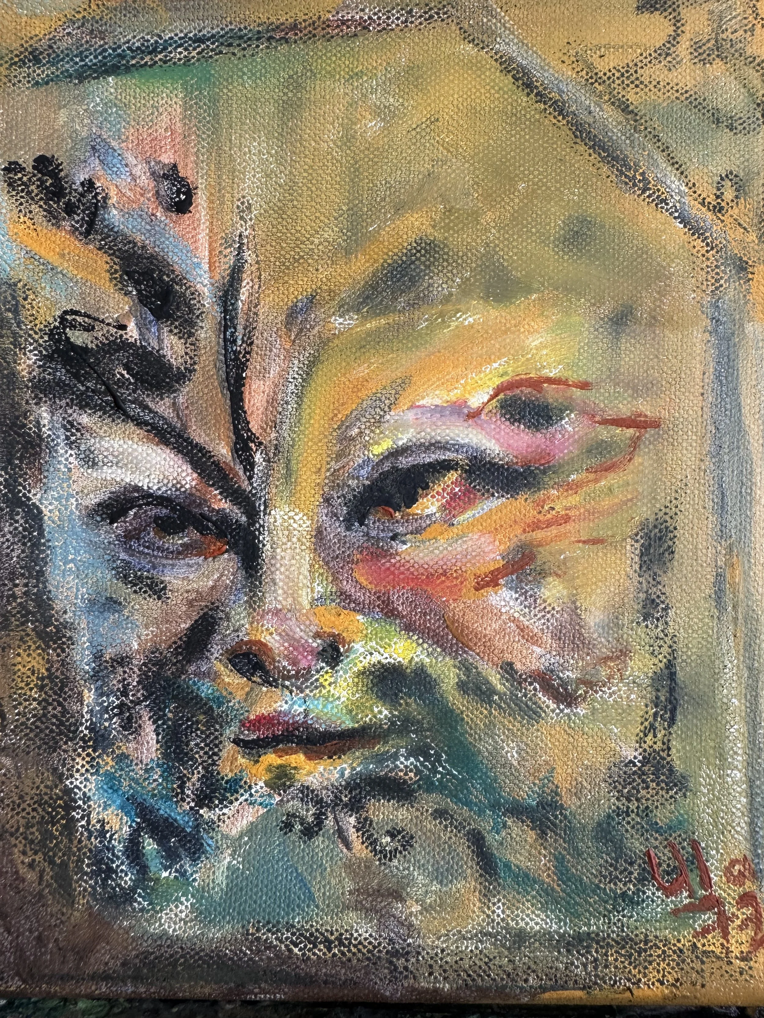 Abstraktes Gemälde eines Gesichtes mit offenen und geschlossenen Augen in bunten Farben.