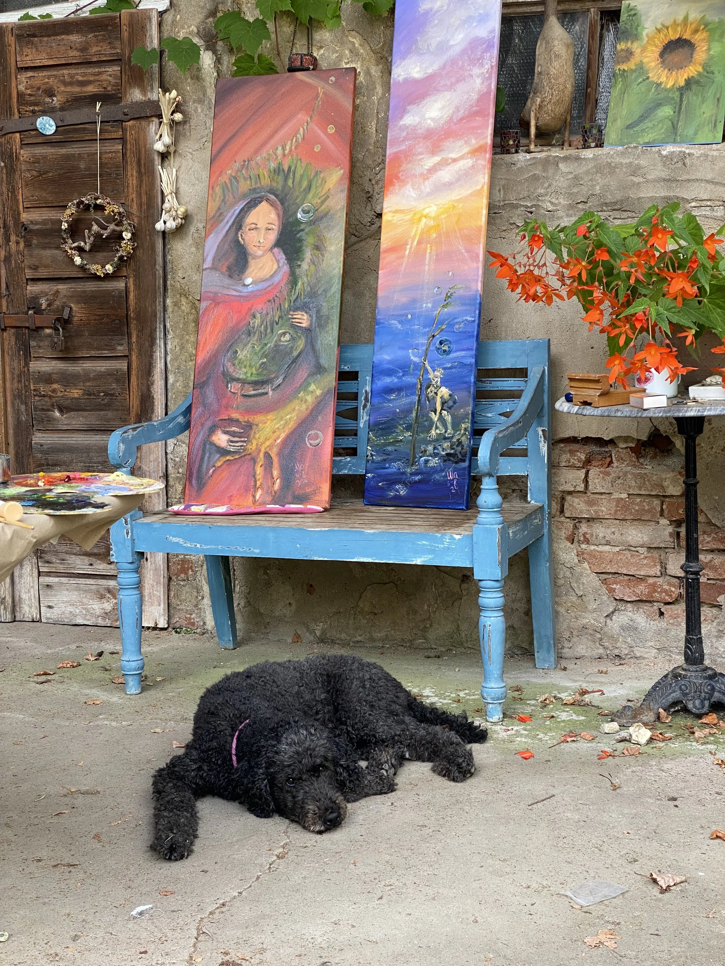 Ein Hund liegt schlafend vor einem alten, blauen Holzbank, das mit mehreren Kunstwerken beklebt ist. Die Kunstwerke sind hauptsächlich bunte, expressionistische Gemälde, darunter ein Portrait einer Frau und Landschaftsbilder.