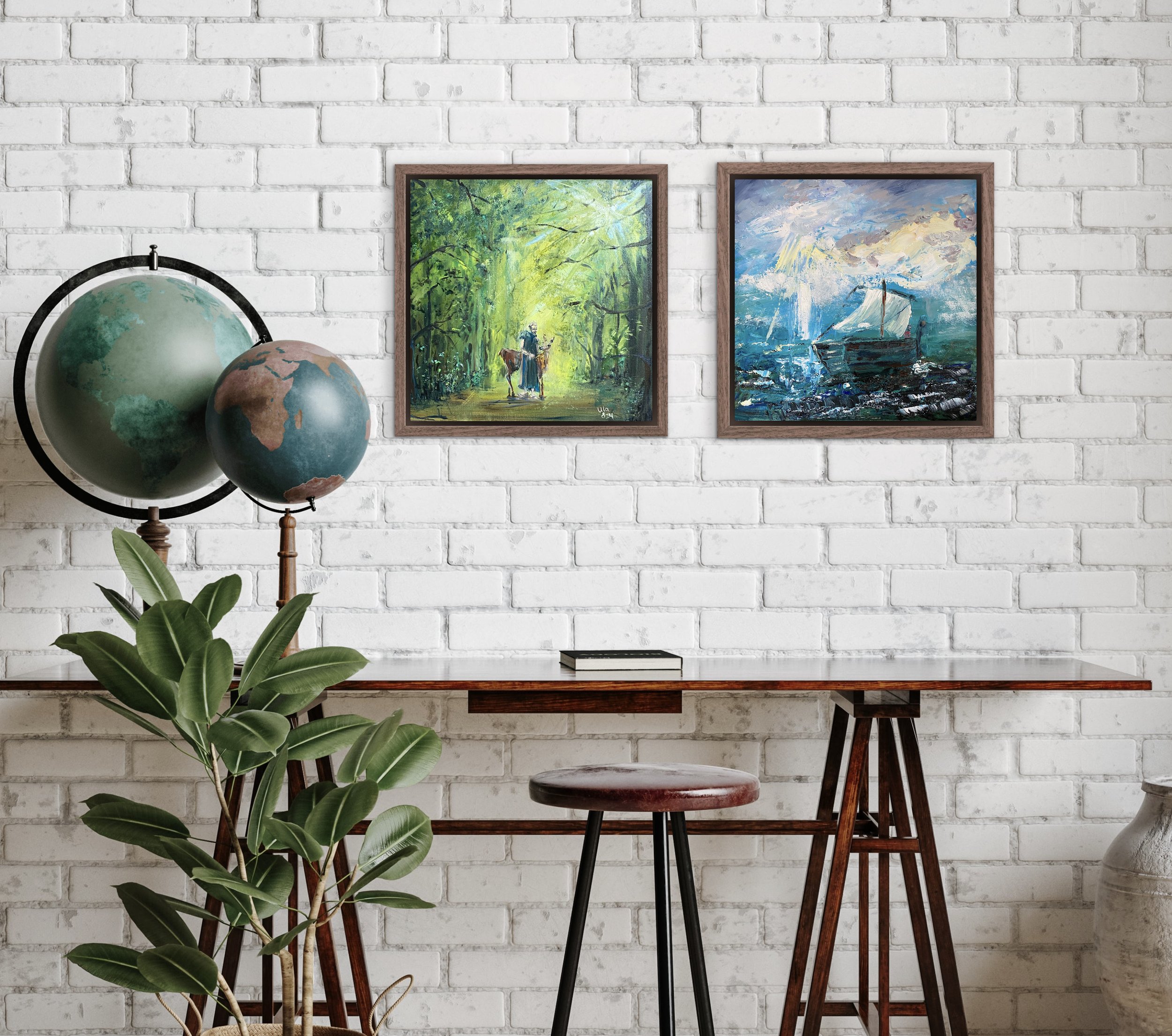 Gemütliches Arbeitszimmer mit weißen Ziegelwänden, zwei Bilder, Globus, Pflanze und einen Stuhl