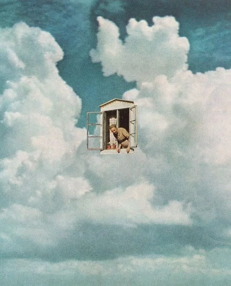 Surreal image of a person in a small house suspended in clouds with an open window in a blue sky.