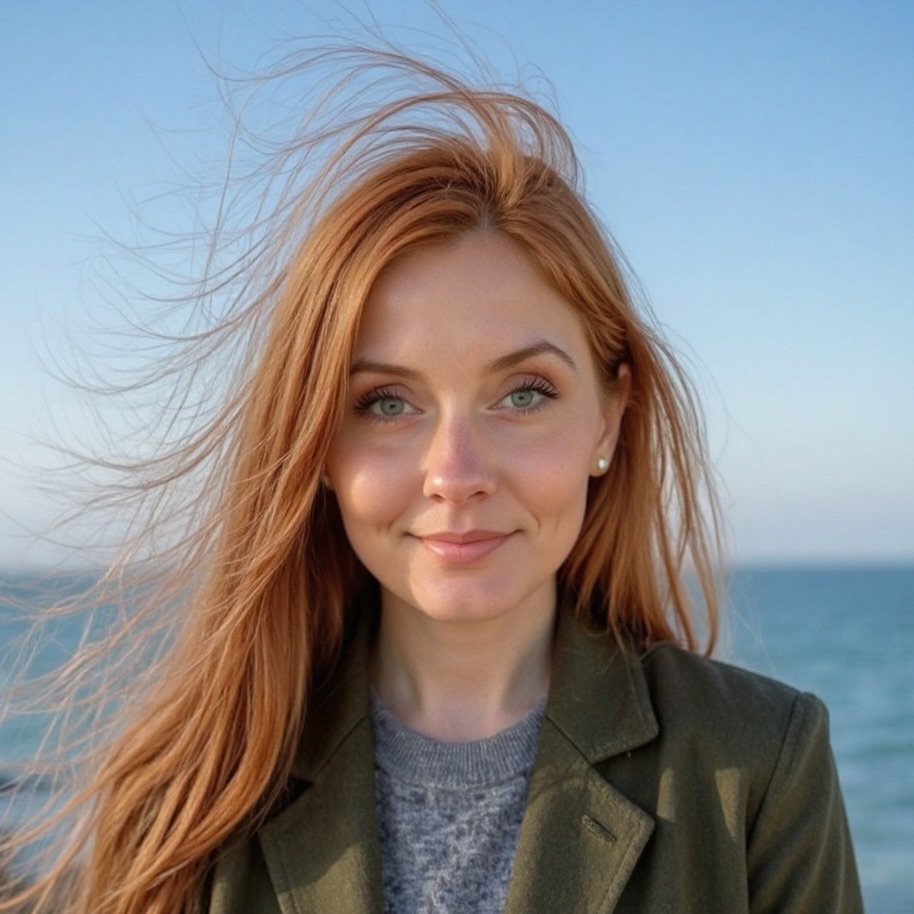 A woman with long red hair and blue eyes smiling outdoors near a body of water.
