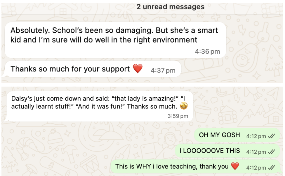 Screenshot of a chat conversation expressing excitement and gratitude about a child's positive experience in school.