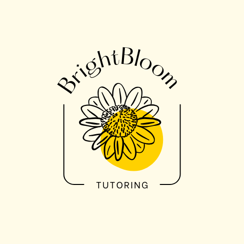 Logo for BrightBloom Tutoring featuring a stylized daisy with yellow and black accents. Personalised tuition.