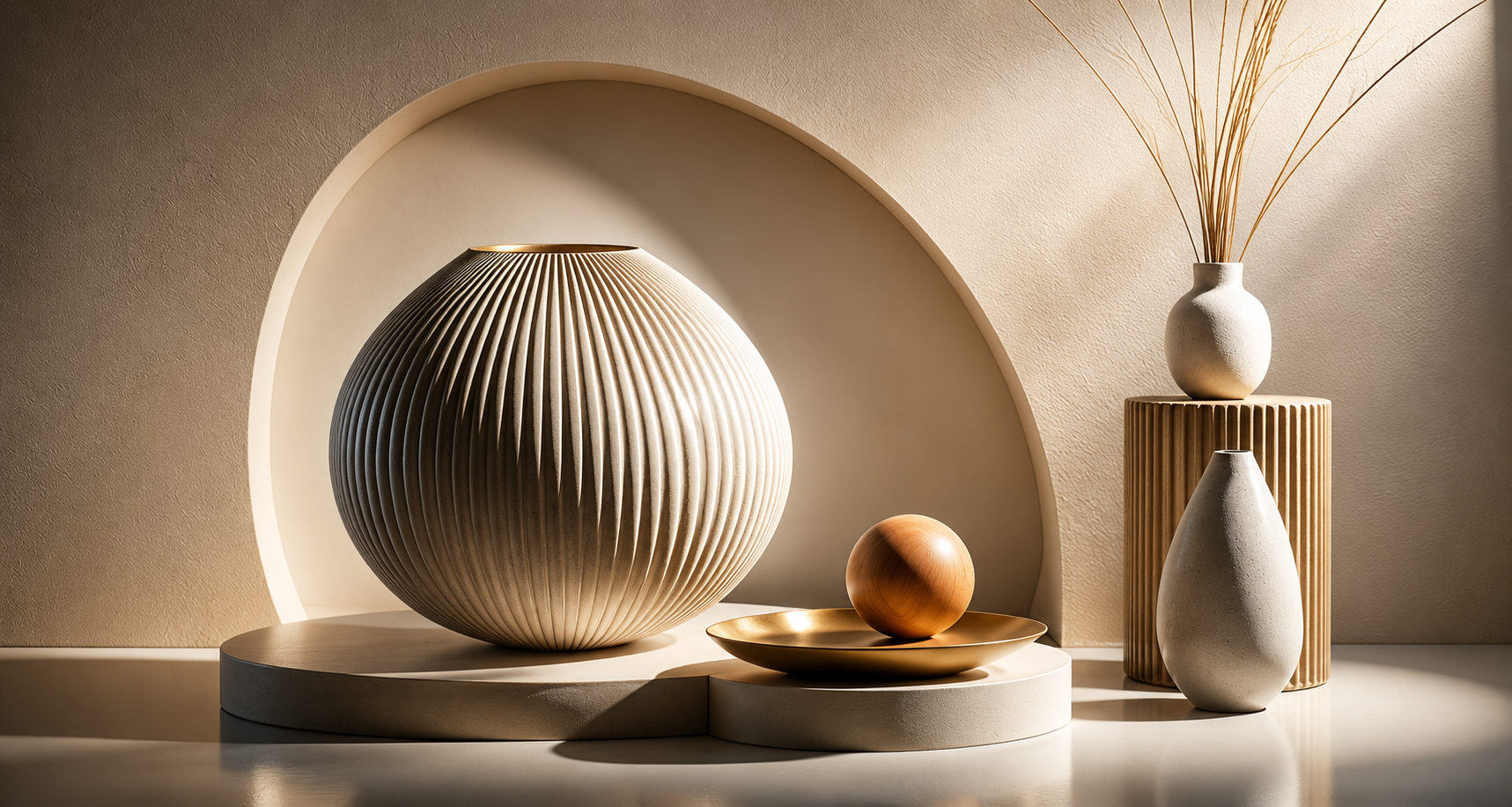 Minimalist neutral-toned still life decor with sculptural ceramic vase and calming modern interior aesthetic.