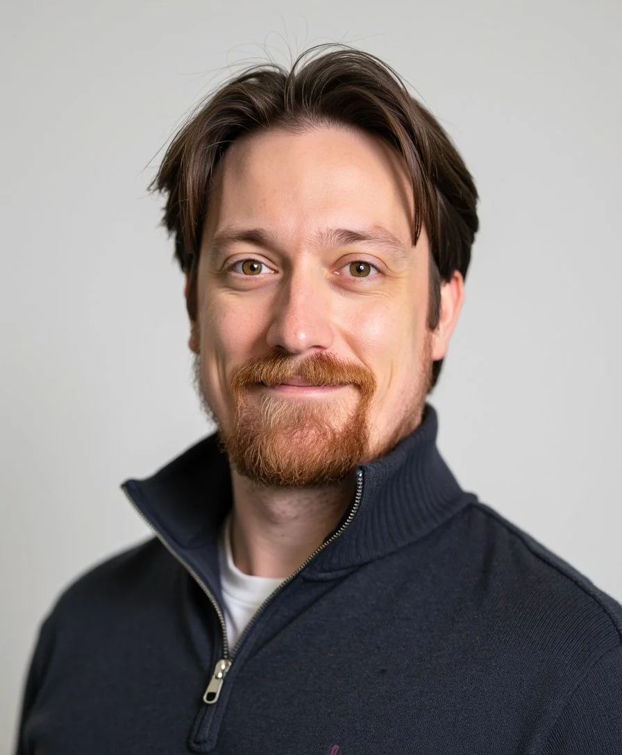 A man with brown hair and a beard smiling, wearing a dark zip-up jacket, against a plain light gray background.