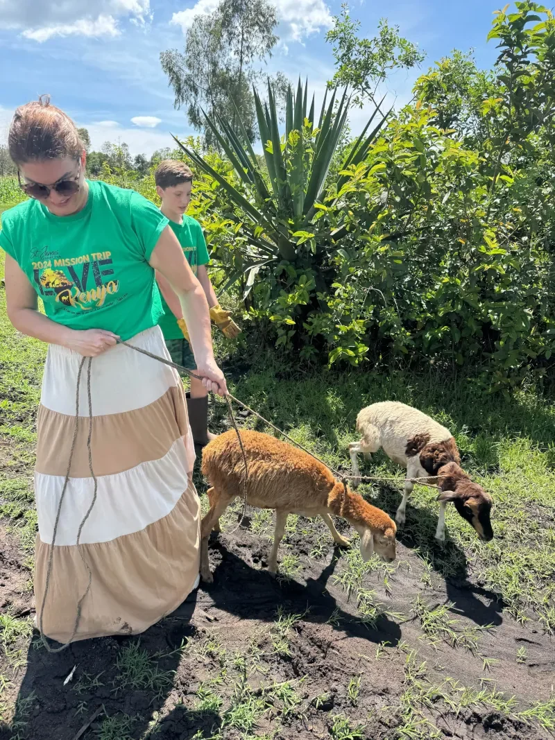 Mission team delivering goats to a Kenyan family as part of the agriculture support program