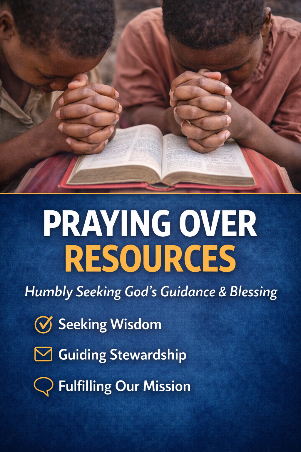 Two children praying over an open Bible with their hands clasped together.