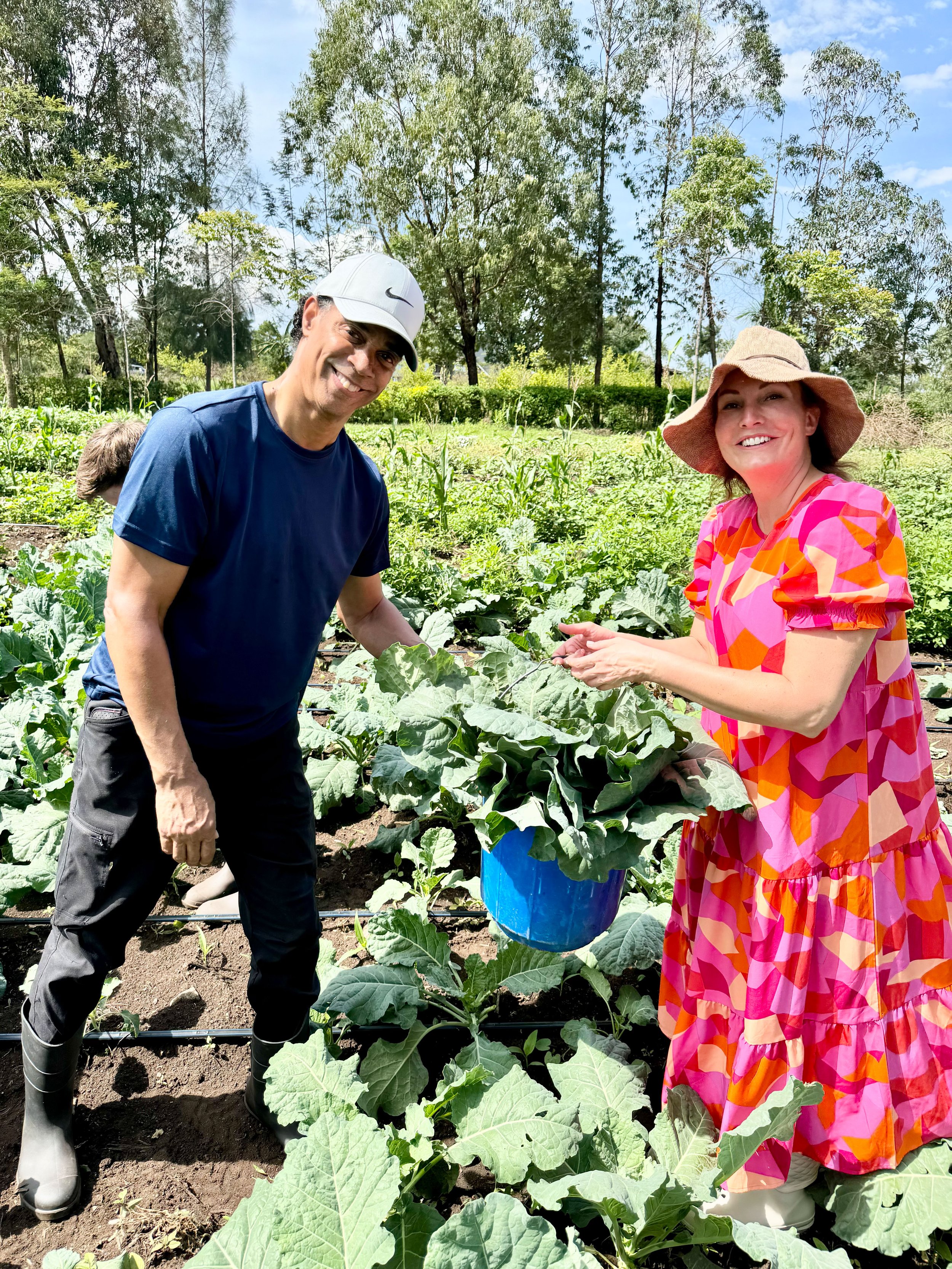 Two people harvesting vegetables in a garden, with one holding a blue bucket filled with greens. They are smiling and surrounded by leafy plants. The background features trees and a clear sky.