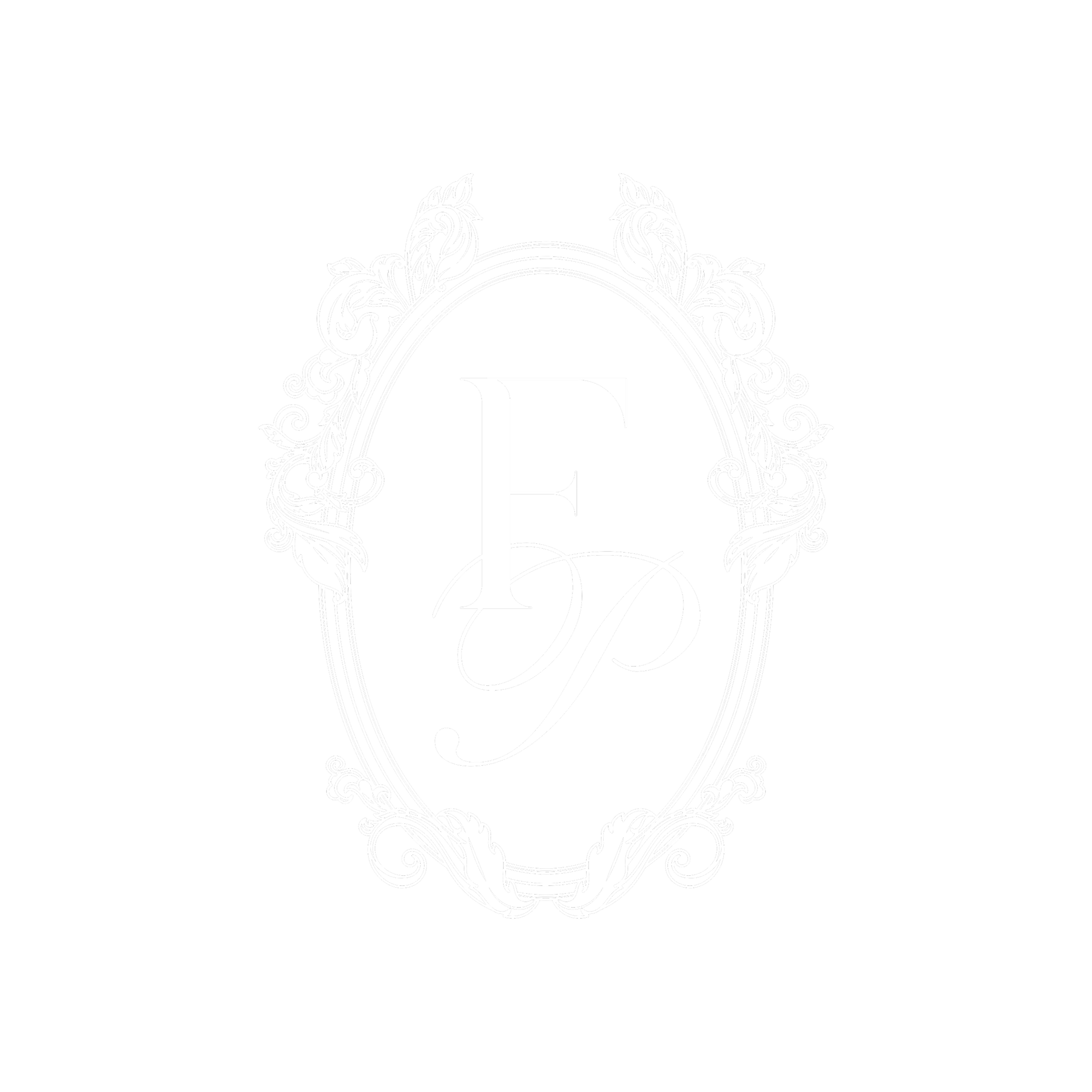 Black background with a white ornate decorative frame and the letter 'L' in the center.