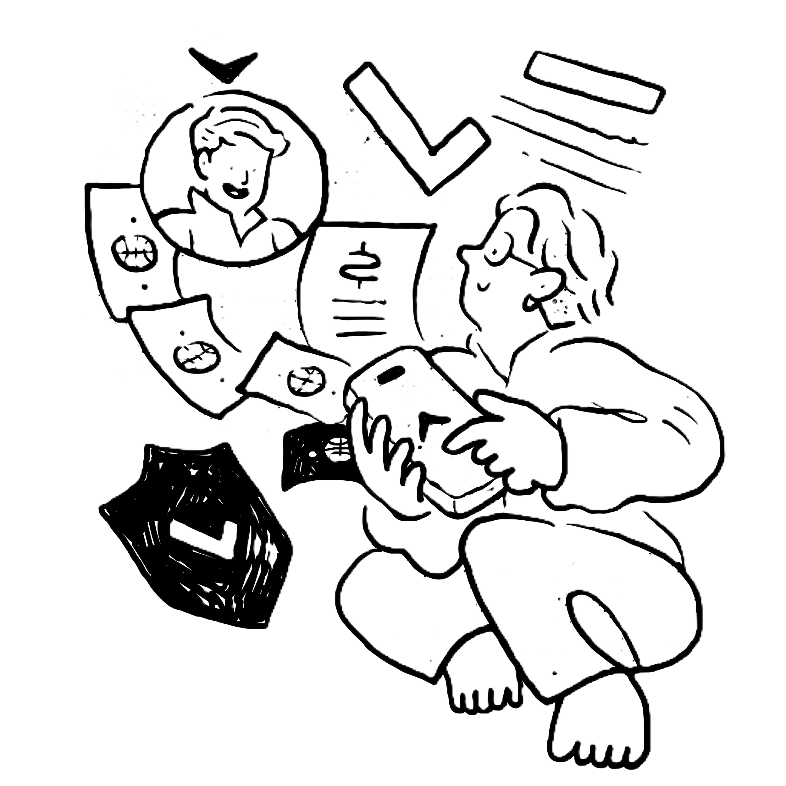 An accountant sitting cross-legged, holding a smartphone, surrounded by illustrated money, documents, a wallet, and a smiling face on a computer screen, indicating online financial activity and guidance.