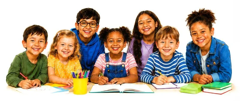 Group of seven diverse children smiling behind a table with books and school supplies.