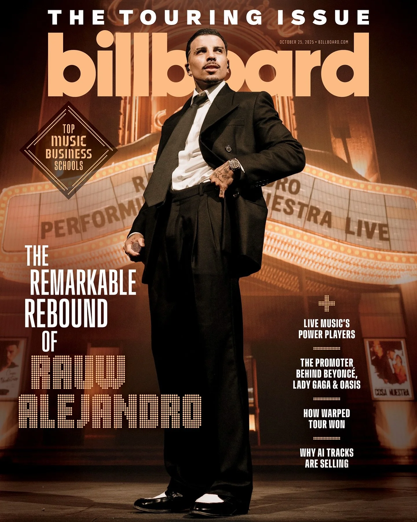 RAUW ALEJANDRO brilla en la nueva portada del Touring Issue de @billboard!

Con su gira Cosa Nuestra, el artista redefine el espect&aacute;culo latino a nivel global.

&ldquo;...o te estancas o evolucionas.&rdquo; &ndash; Rauw Alejandro

#RauwAlejand
