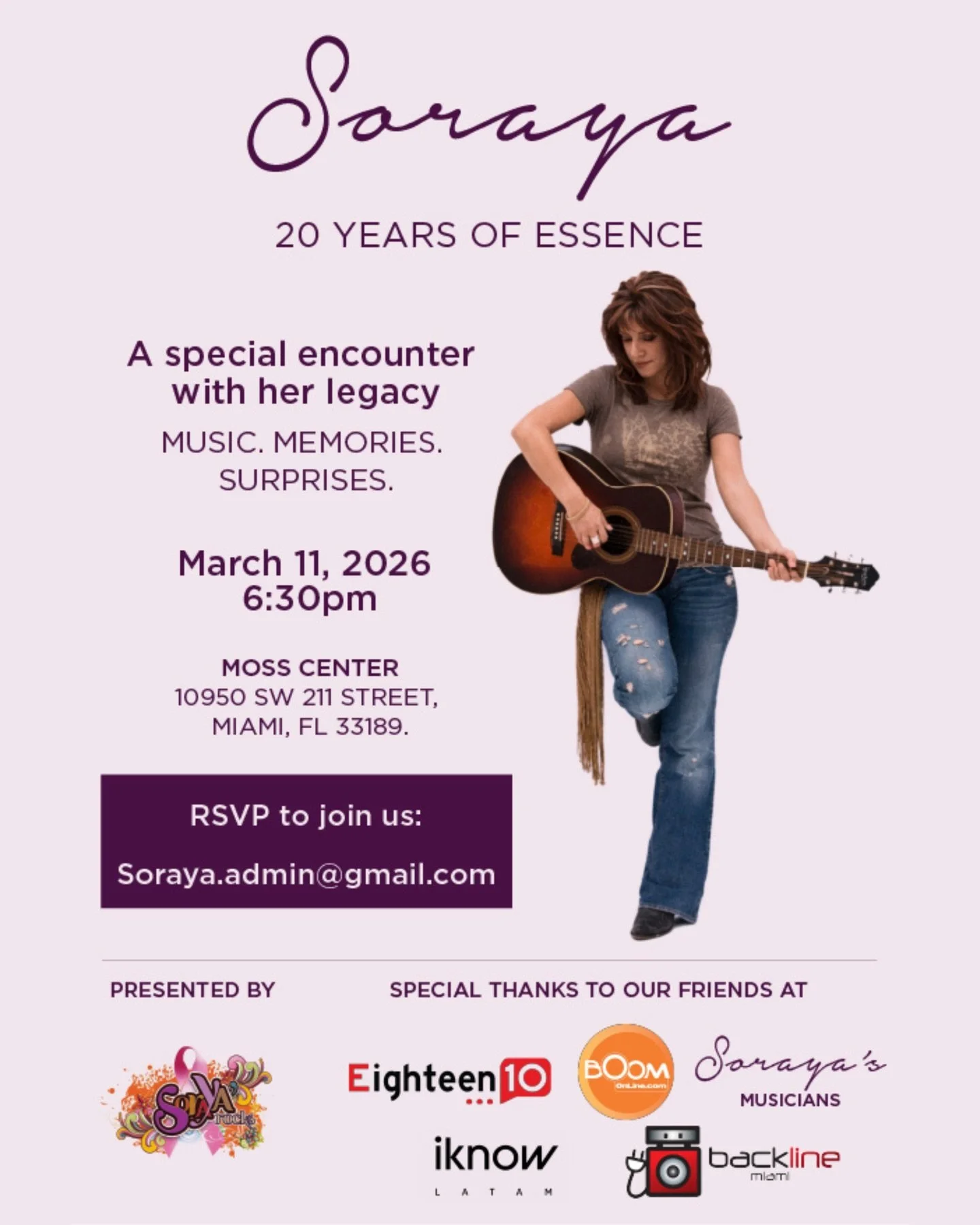 Recordando a Soraya 🤍

Acomp&aacute;&ntilde;anos en una noche especial para celebrar su legado, su m&uacute;sica y los recuerdos que siguen vivos en nuestros corazones.

M&uacute;sica. Memorias. Sorpresas.

📍 Moss Center, Miami
🗓 March 11 | 6:30 P