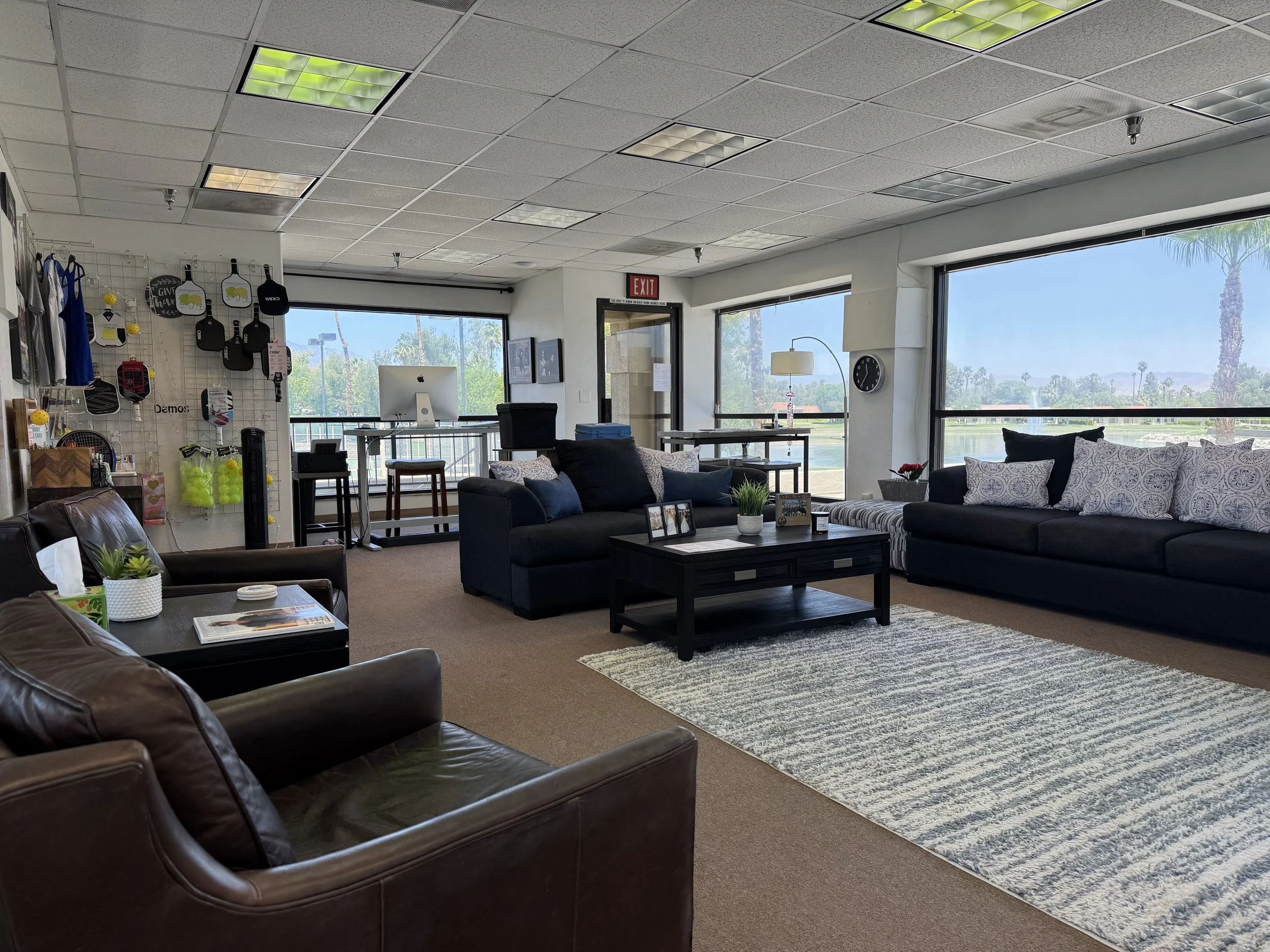 Image a room made for lounging, merchandise sales, and computer work. 