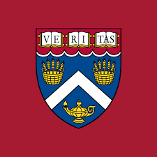 The Harvard University crest with a maroon background, featuring a shield with a chevron, three open books at the top spelling 'VERITAS,' and a central emblem of a lamp.