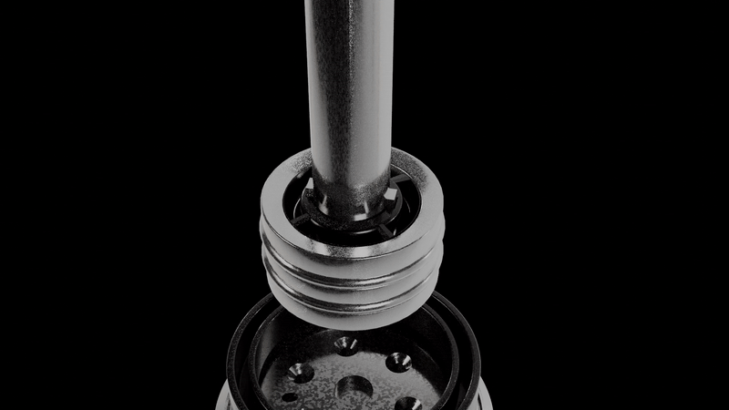 Close-up of a metallic dumbbell resting on a black gym equipment stand against a black background.