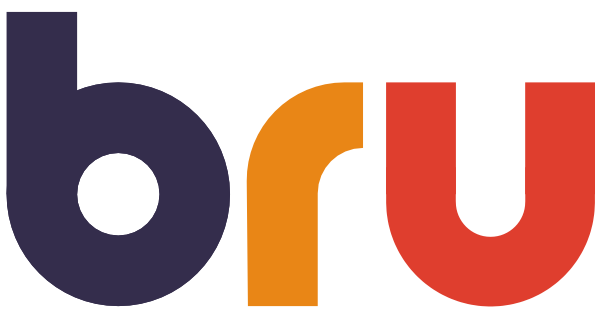 Logo of brU with the letters 'b', 'r', and 'u' in different colors: purple, orange, and red.