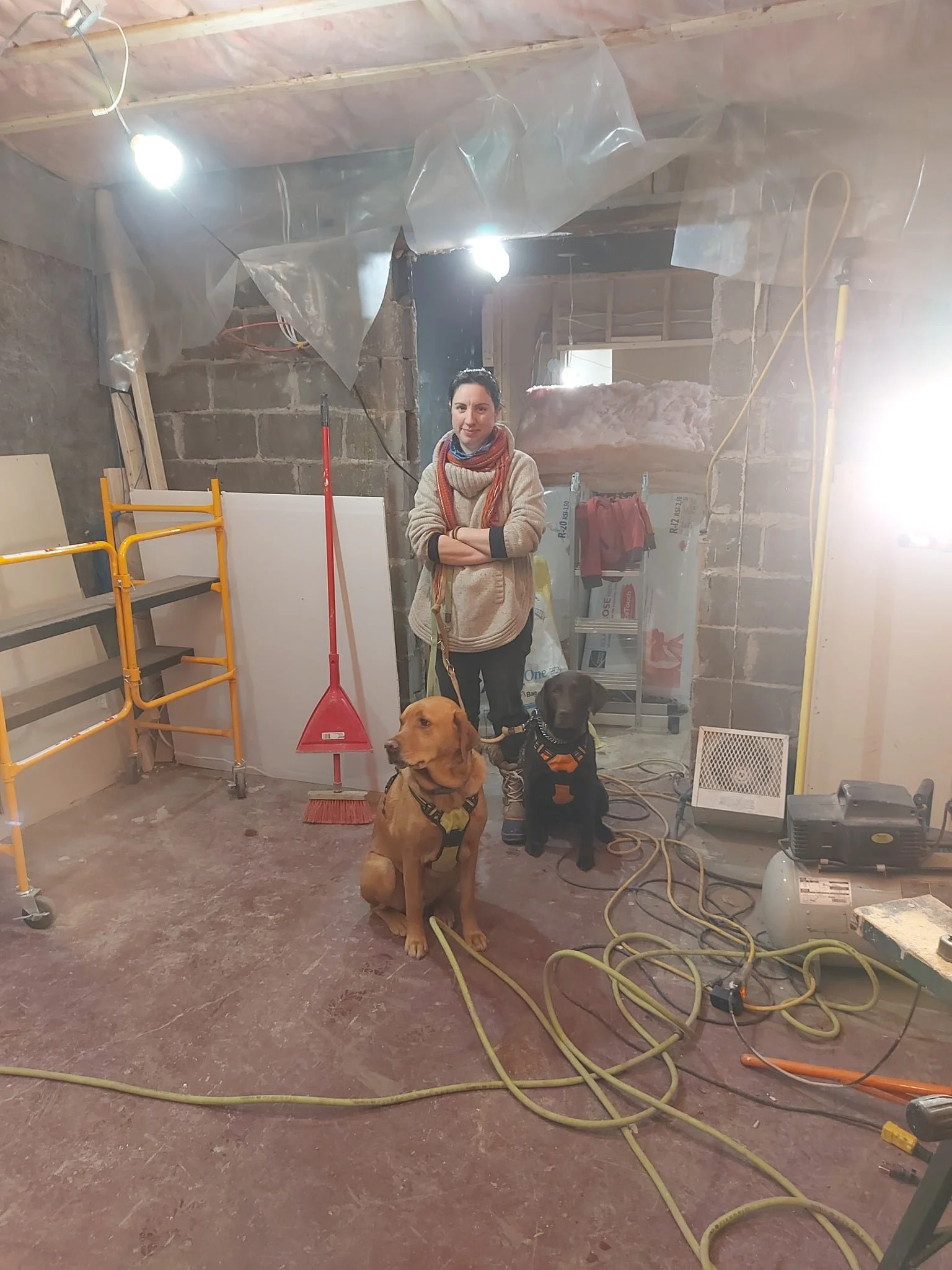 Une femme avec deux chiens dans une pièce en construction. La pièce a des murs en briques et des câbles électriques au sol.