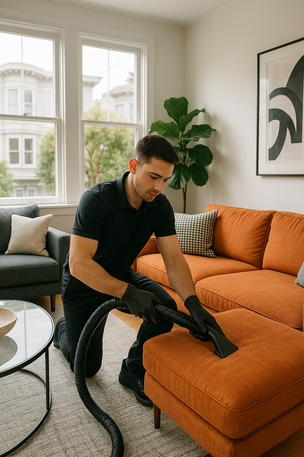 A person kneeling and using a vacuum cleaner to clean an orange ottoman in a modern living room with large windows, a plant, and contemporary decor.
