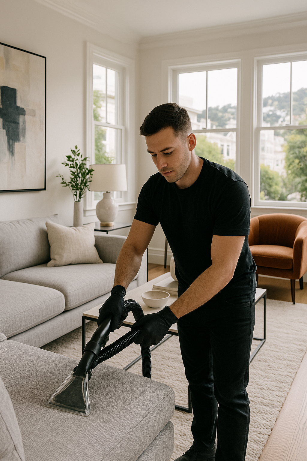 Person cleaning a gray sofa with a vacuum in a modern living room.