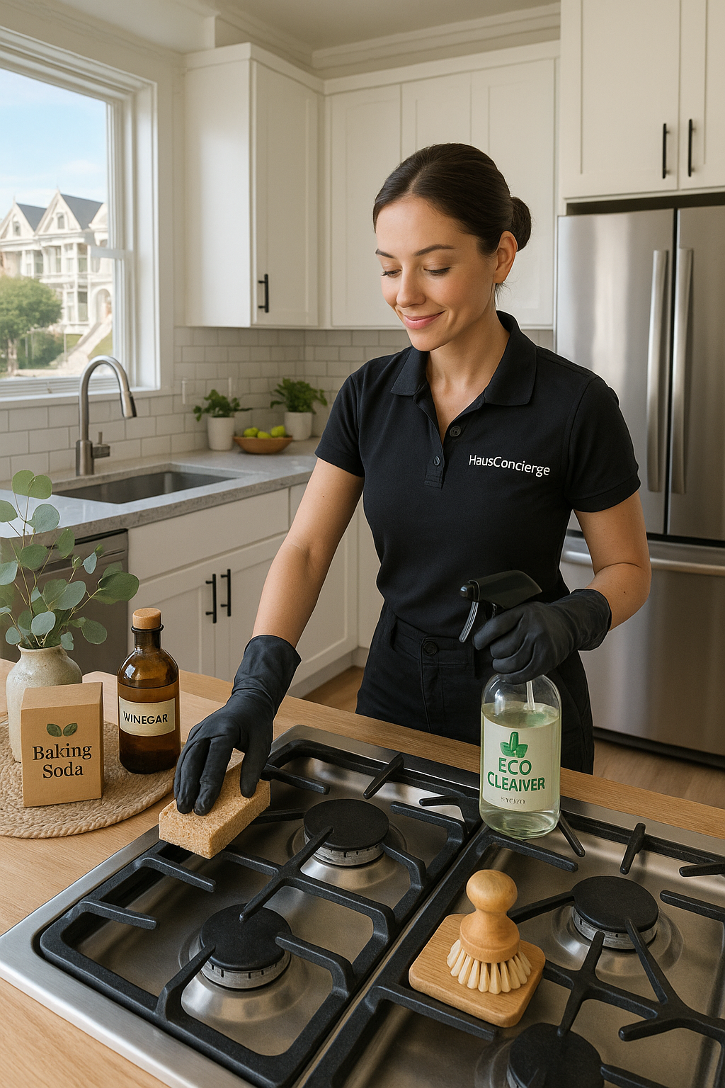 Woman cleaning a kitchen stove with eco-friendly products, including baking soda and vinegar, wearing black gloves and a HausConcierge uniform.