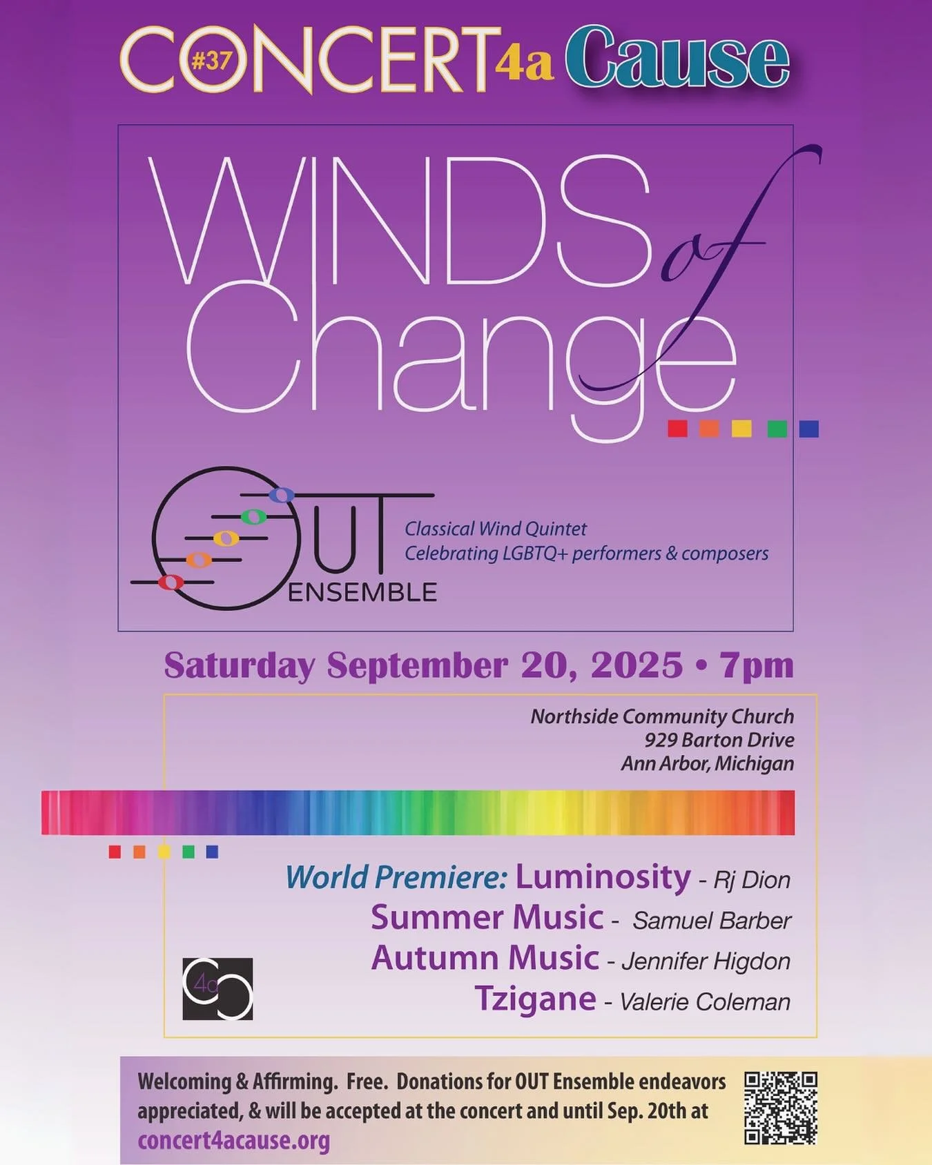 In just one week, OUT Ensemble will be back in action with our first concert of the season! Come out to Northside Community Church on 9/20 at 7pm where we will perform as part of the Concert 4a Cause series, featuring the world premiere of &ldquo;Lum