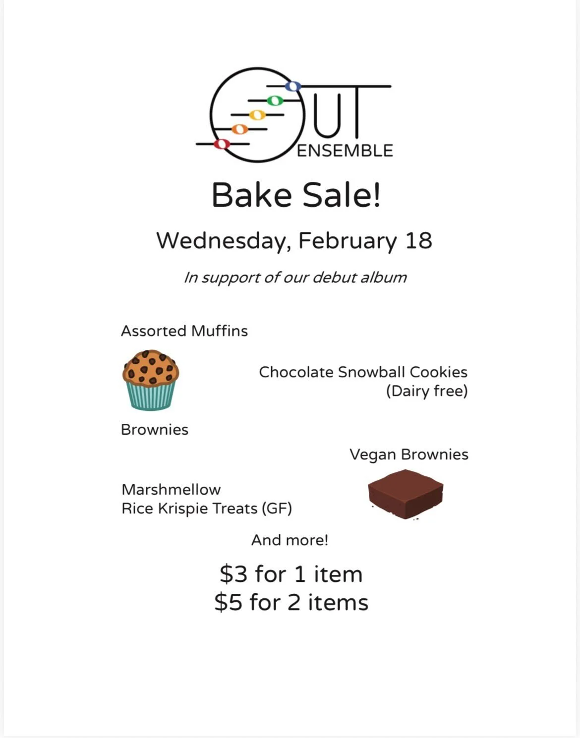 @outensemble has our last SMTD bake sale coming up! Join us on Wednesday, February 18th from 9:30am-2:30pm in the Moor Building for a variety of treats and the opportunity to help us fundraise for our debut album. We look forward to seeing you there!