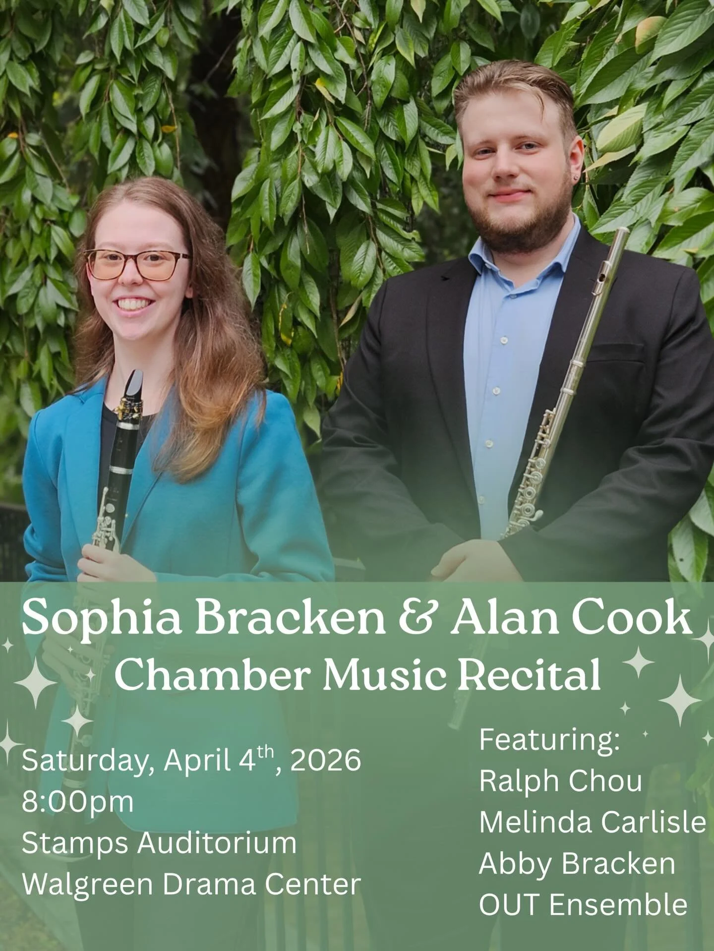 Tomorrow! Come see Sophie and Alan give their final recital at the University of Michigan in Stamps Auditorium at 8pm. OUT Ensemble will premiere works by @nora_in_puddleboots and @mattie_tvc15. Performers Ralph Chou, @melindacarlisle.music, and @obo