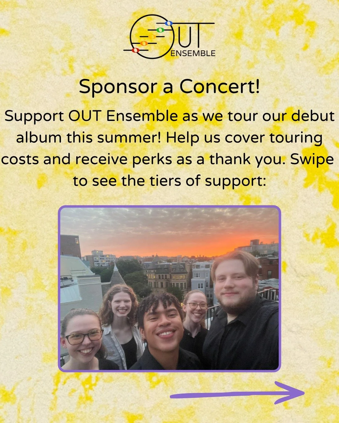 Introducing Sponsor a Concert! Support OUT Ensemble as we tour our debut album this summer! Help us cover touring costs and receive perks at the following tiers:

$50&mdash;Cordia at Grand Traverse
Name listed on our website as a tour sponsor.
$100&m