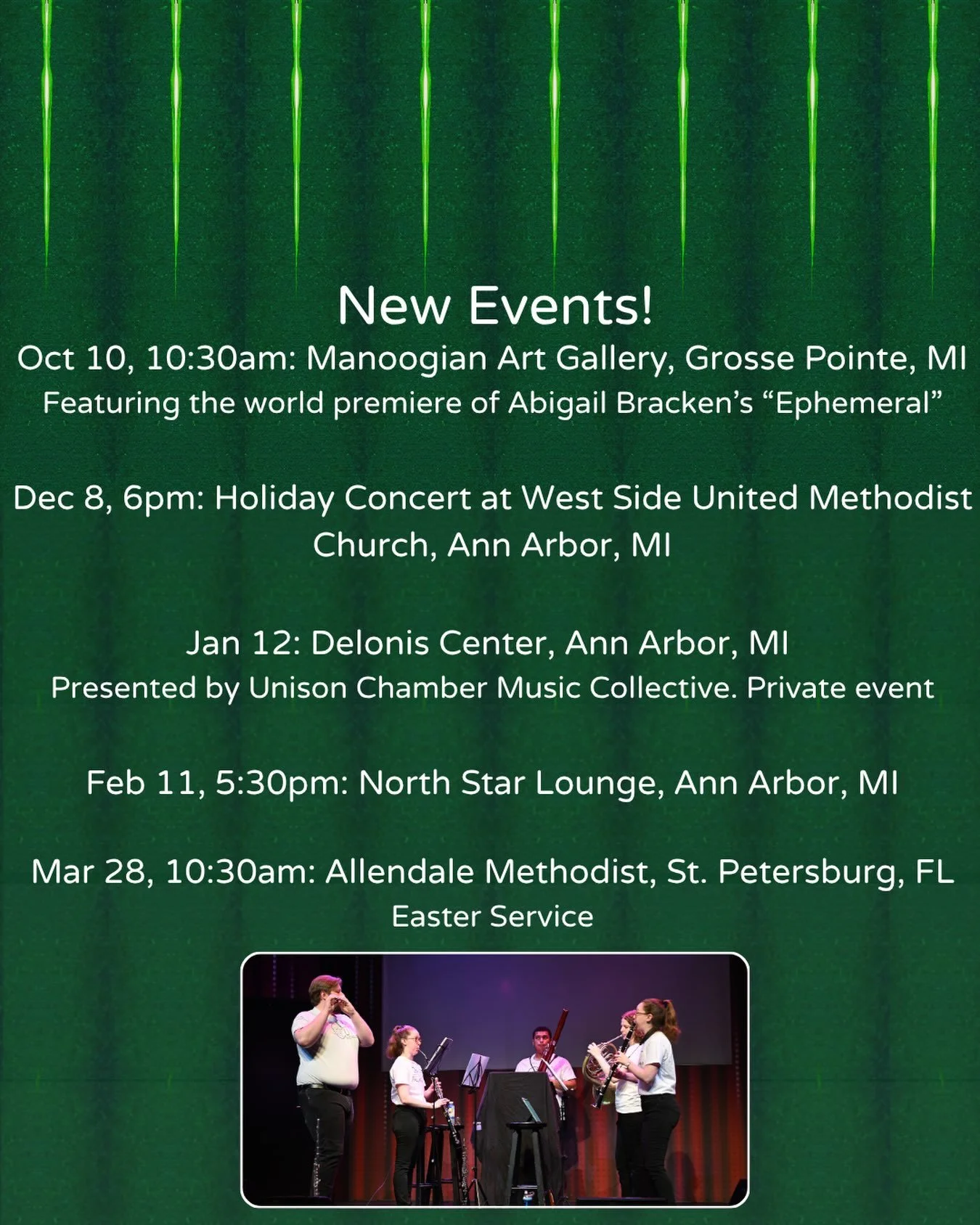OUT Ensemble has FIVE new concerts coming this season! Next up is our October 10 concert at the Schaap Center&rsquo;s new Richard &amp; Jane Manoogian Art Gallery, where we will premiere &ldquo;Ephemeral&rdquo; by @oboe_abby3080. Mark your calendars!