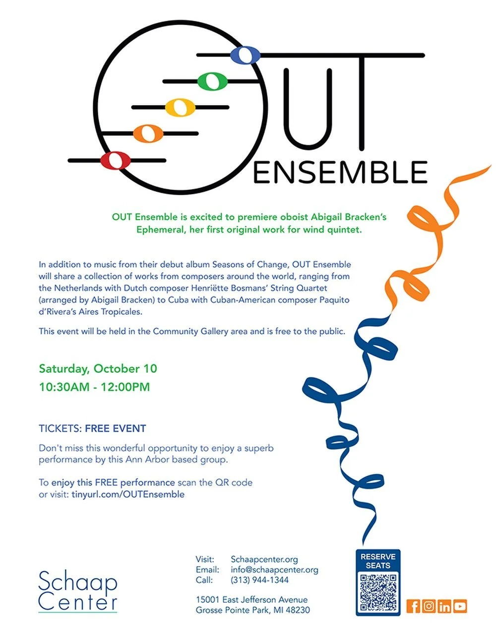 Happy LGBTQ+ history month! 🏳️&zwj;🌈🏳️&zwj;⚧️ OUT Ensemble is kicking off our October programming with a free concert at the @schaapcenter on Saturday, October 10 at 10:30am. We will be giving the world premiere of &ldquo;Ephemeral&rdquo; by @oboe
