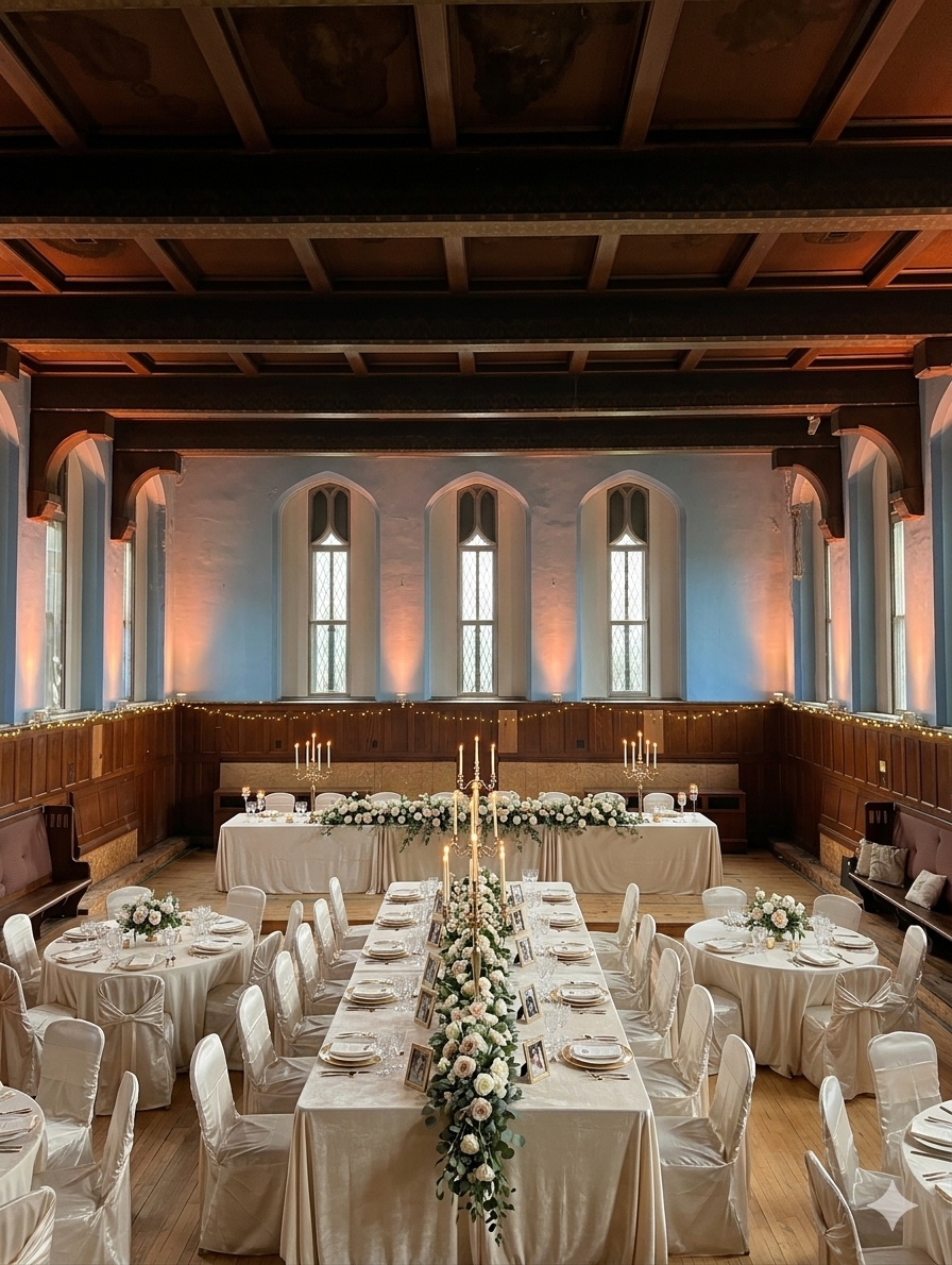 Rendered image of a decorated banquet hall with a bridal party table at the front of the room