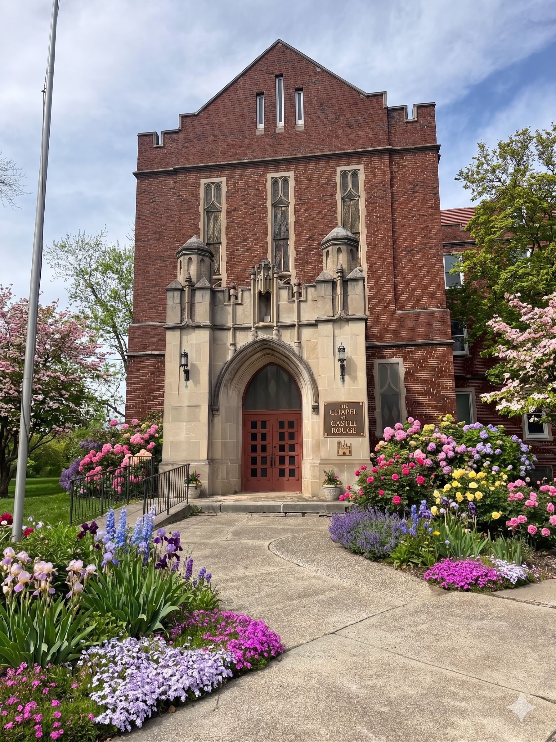 Front view of The Chapel at Castle Rouge, a red brick building with Gothic architectural details, surrounded by colorful spring flowers and trees, under a partly cloudy sky.